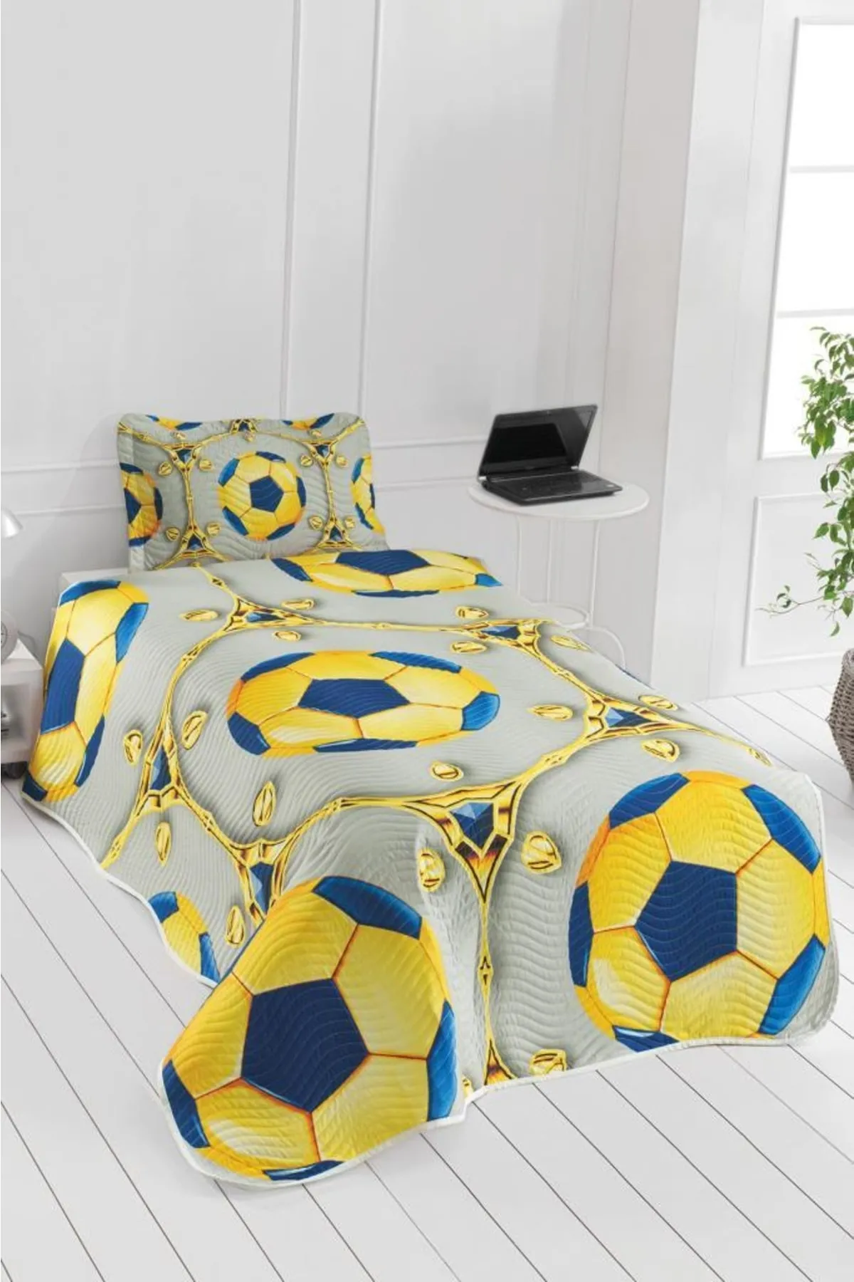 Çeyiz Diyarı  Tagesdecke für Einzelbett mit Fächerdruck, Gelb, Marineblau