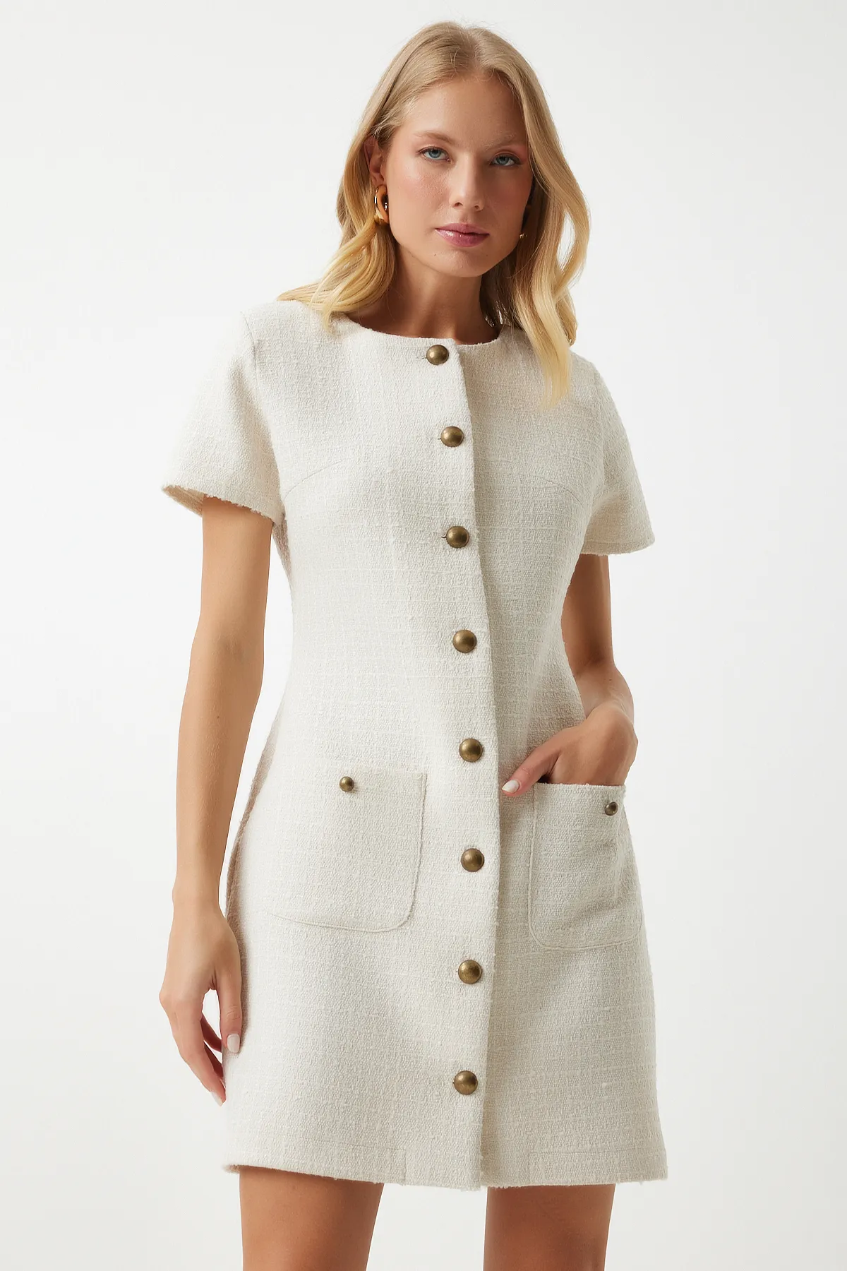 Happiness İstanbul  Geknöpftes Mini-Tweedkleid mit Knochentaschen für Damen KJ00009