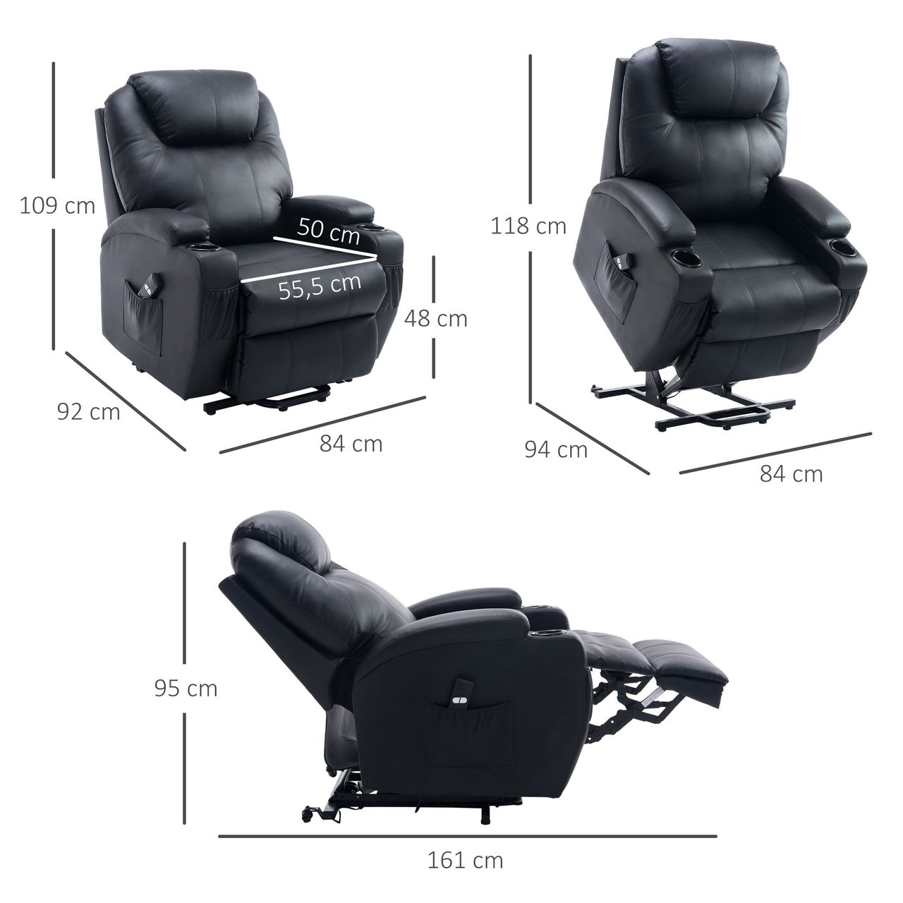 HOMCOM Aufstehsessel Sessel mit Aufstehhilfe Kunstleder Metall Schwarz