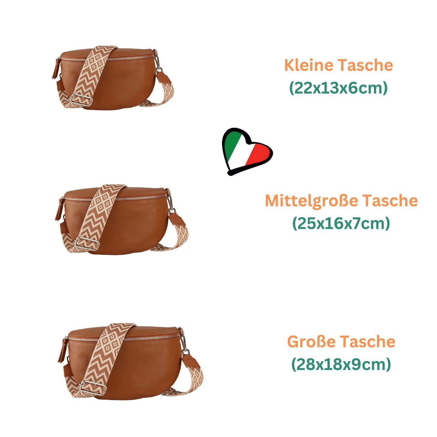 MIRROSI Bauchtasche Damen, Echtleder, Leder, Made in Italy, Umhängetasche, Brusttasche, (Schultertasche für jeden Anlass (1 Tasche & 2 Gurte), Damen Taschen, 3 Größen auswählbar), Crossbody Bag, Cognac Braun, verstellbaren Schulterriemen
