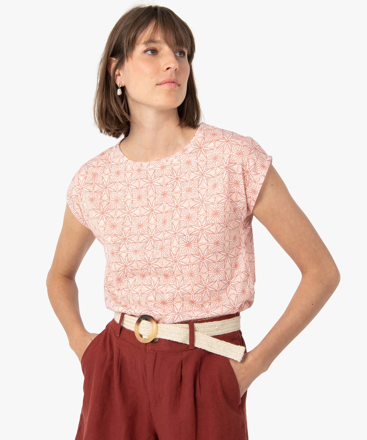 Tee-shirt femme à manches courtes imprimé en maille fine imprime | GEMO