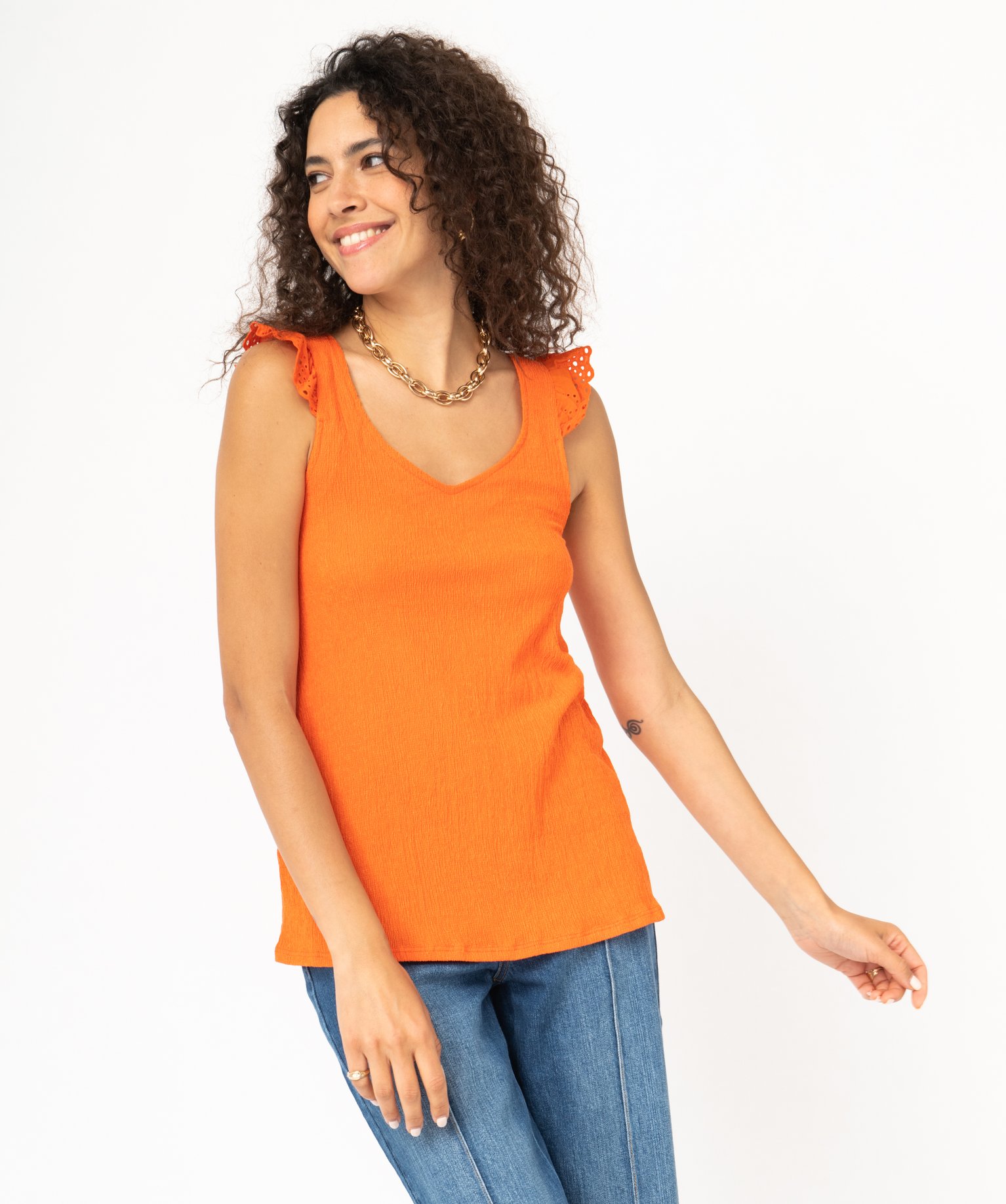 Débardeur à col V et volants en broderie anglaise femme orange | GEMO