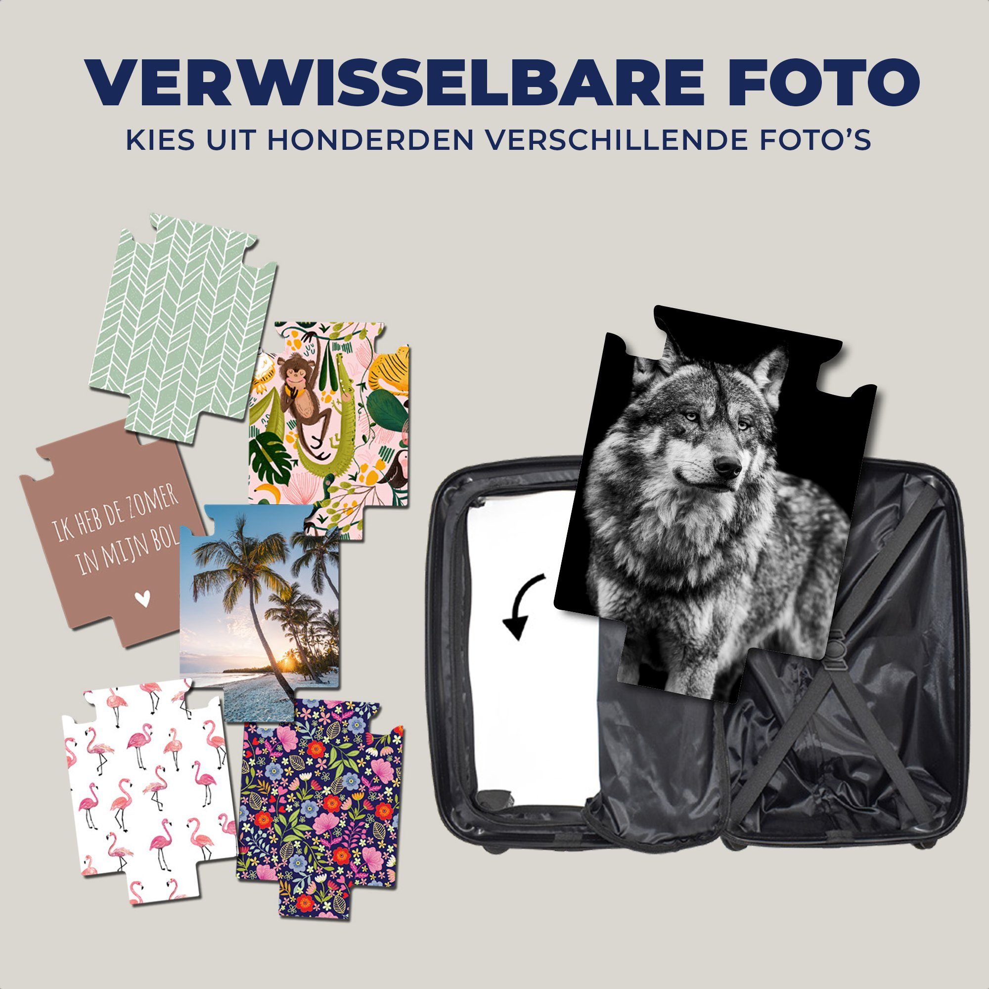 MuchoWow Handgepäckkoffer Wolf - Tiere - Wild - Schwarz - Weiß, 4 Rollen, Reisetasche mit rollen, Handgepäck für Ferien, Trolley, Reisekoffer