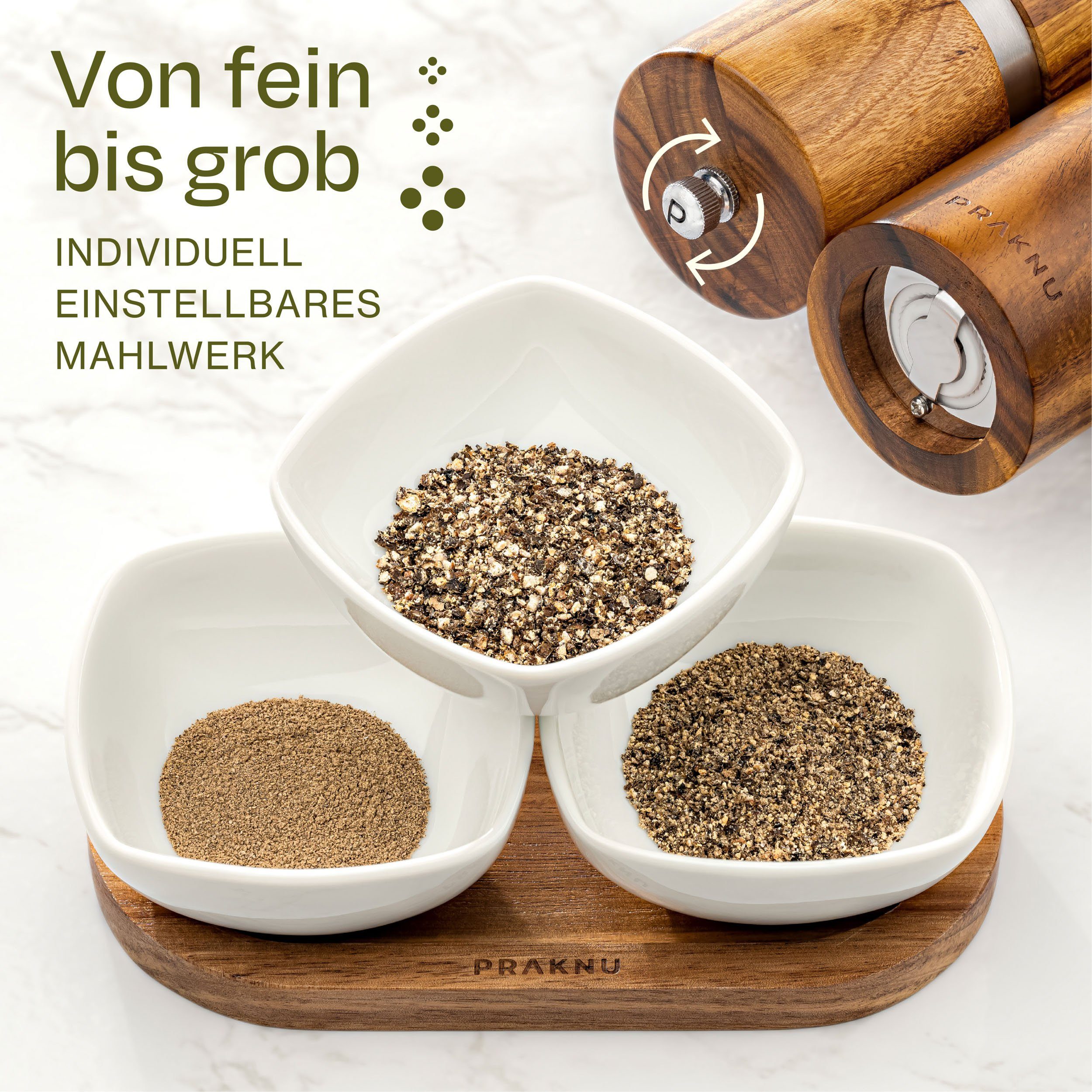 Praknu Gewürzmühle Salz- und Pfeffermühle aus Akazienholz manuell, Nachhaltiges FSC Holz - Langlebiges Keramikmahlwerk - Plastikfrei