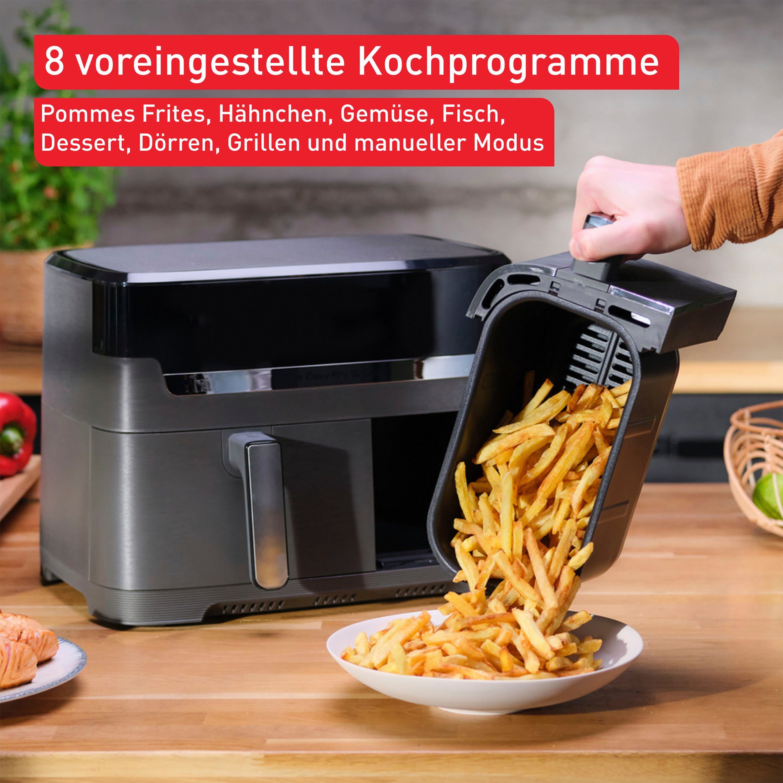 Tefal Heißluftfritteuse EY905B Dual Easy Fry & Grill Doppelkammer, 8,3 L Kapazität, 2 Laden, 2700 W, mit Hamburger Presse