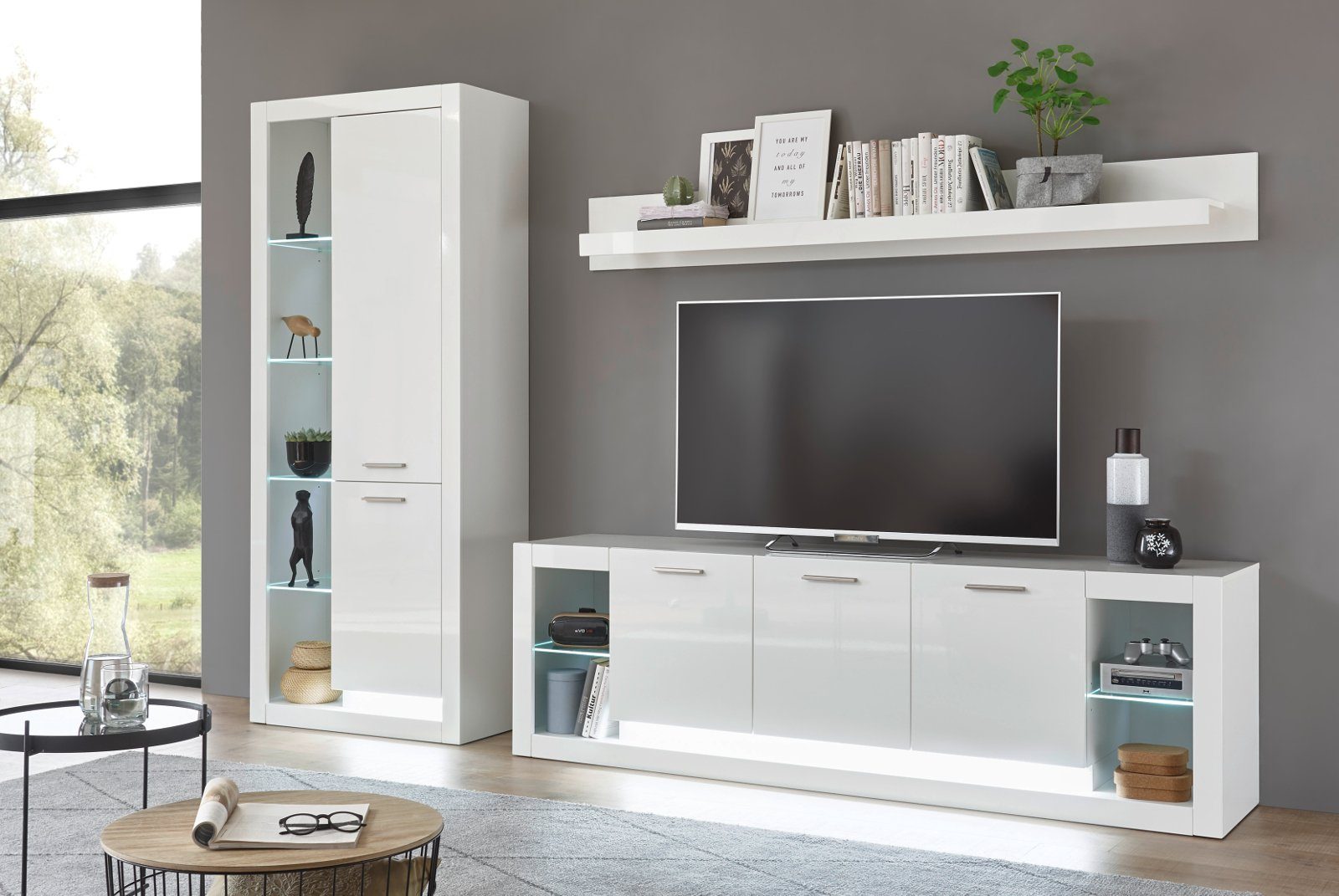 Furn.Design Wohnwand Ladis, (in weiß Hochglanz, Set 3-teilig, 298 x 198 cm), zeitlos elegantes Design