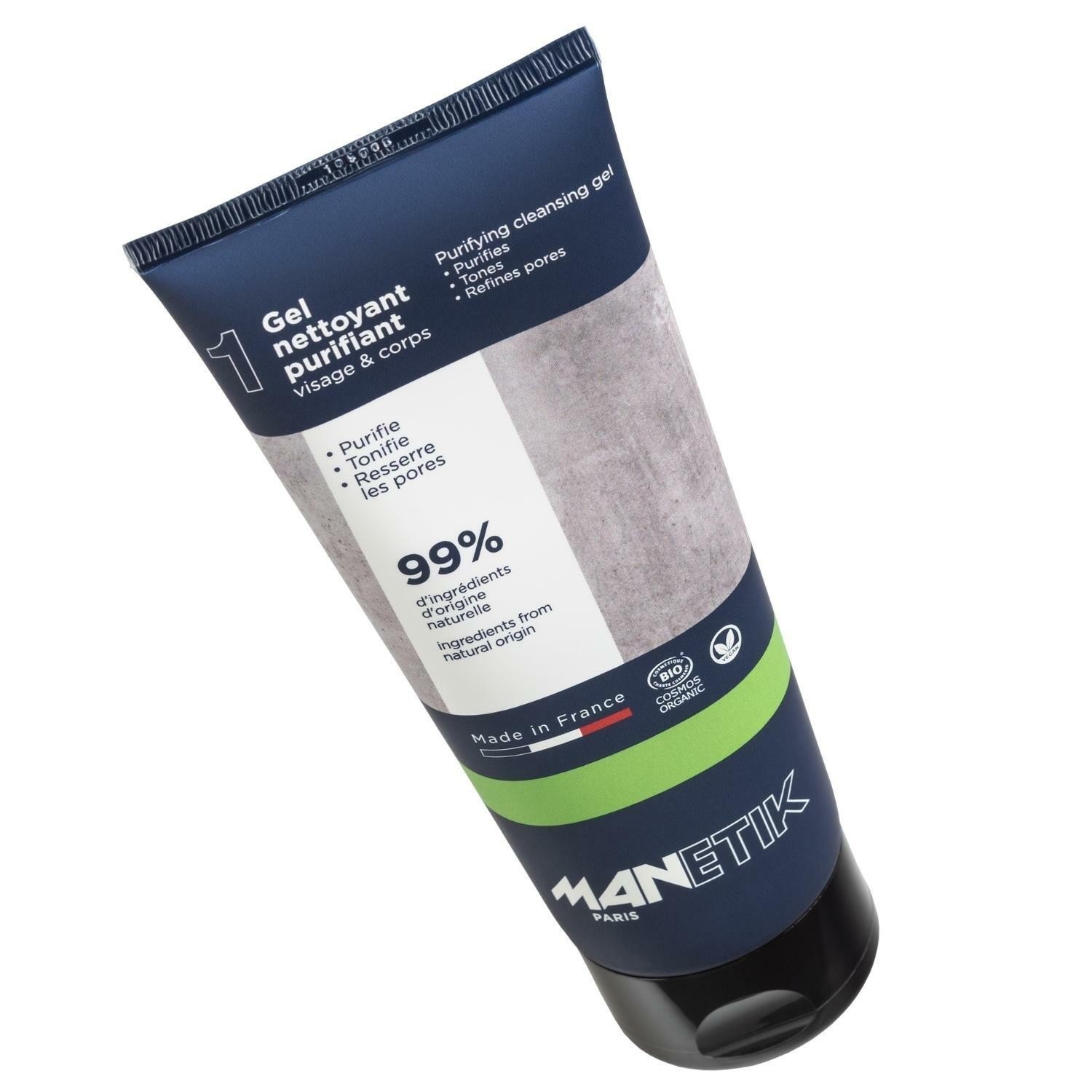 Gel limpiador purificante MANETIK para rostro y cuerpo.