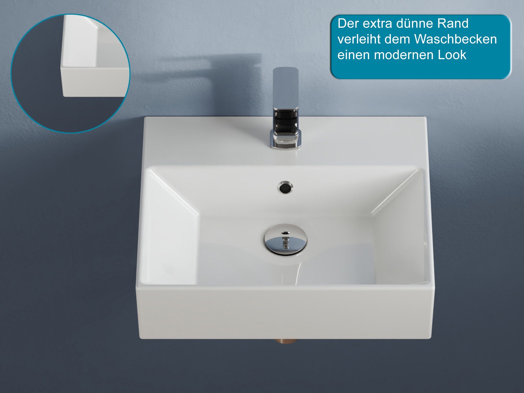 Aqua Bagno Aufsatzwaschbecken Aqua Bagno, Design Hängewaschbecken Waschbecken (Packung), Waschbecken mit extra dünnem Rand, ohne seitliche Ablagefläche.