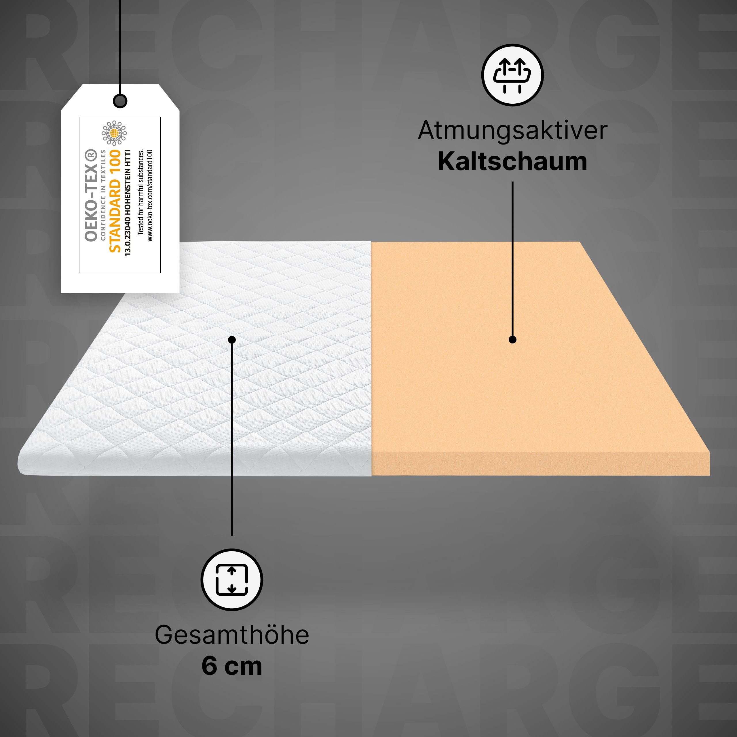 Topper RECHARGE, wonello, 6 cm hoch, Kaltschaum, (Made in Germany), druckentlastender Matratzentopper 80x200cm, waschbar bei 60°C