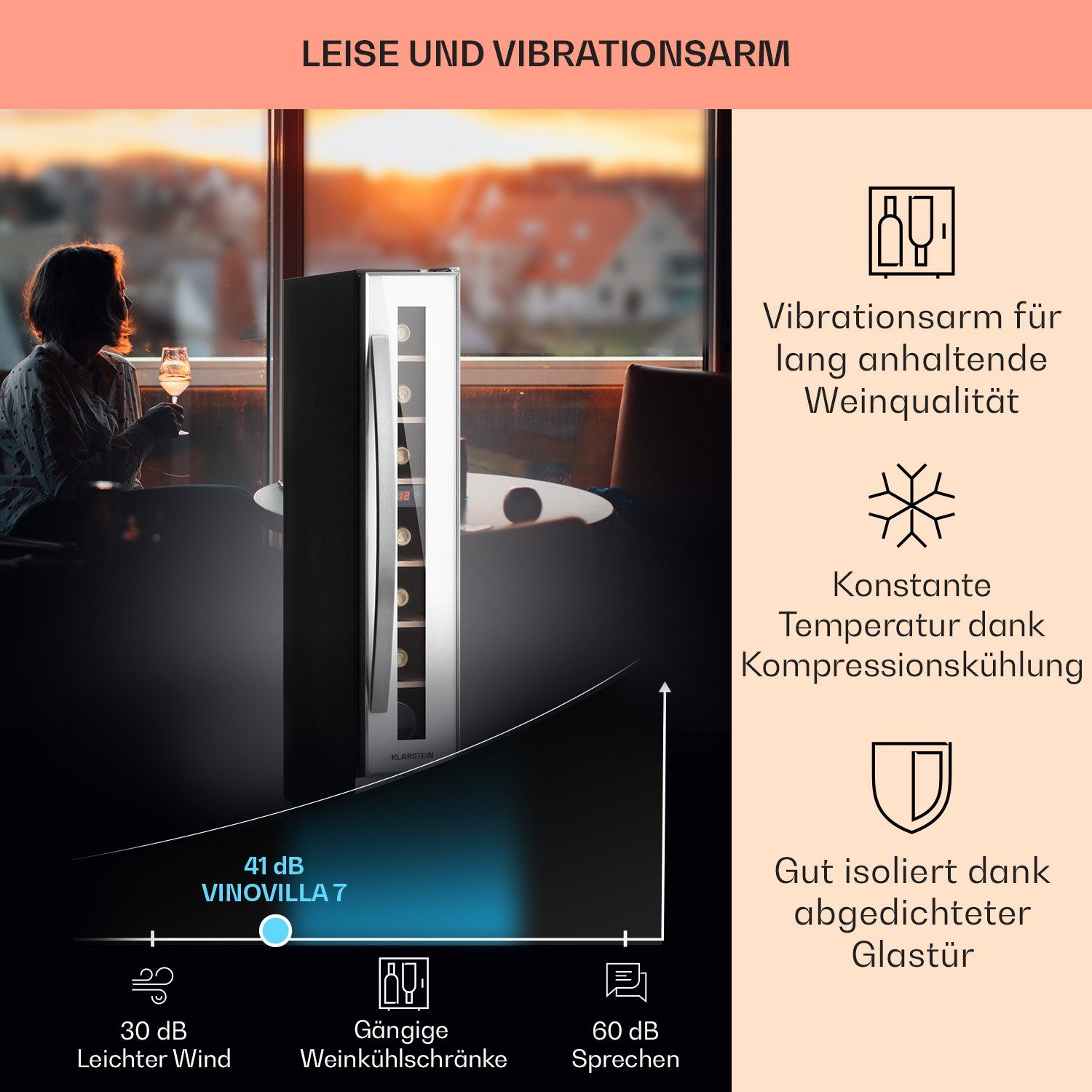 Klarstein Weinkühlschrank Vinovilla 7, für 7 Standardflaschen á 0,75l,Wein Flaschenkühlschrank Weintemperierschrank Weinschrank Kühlschrank