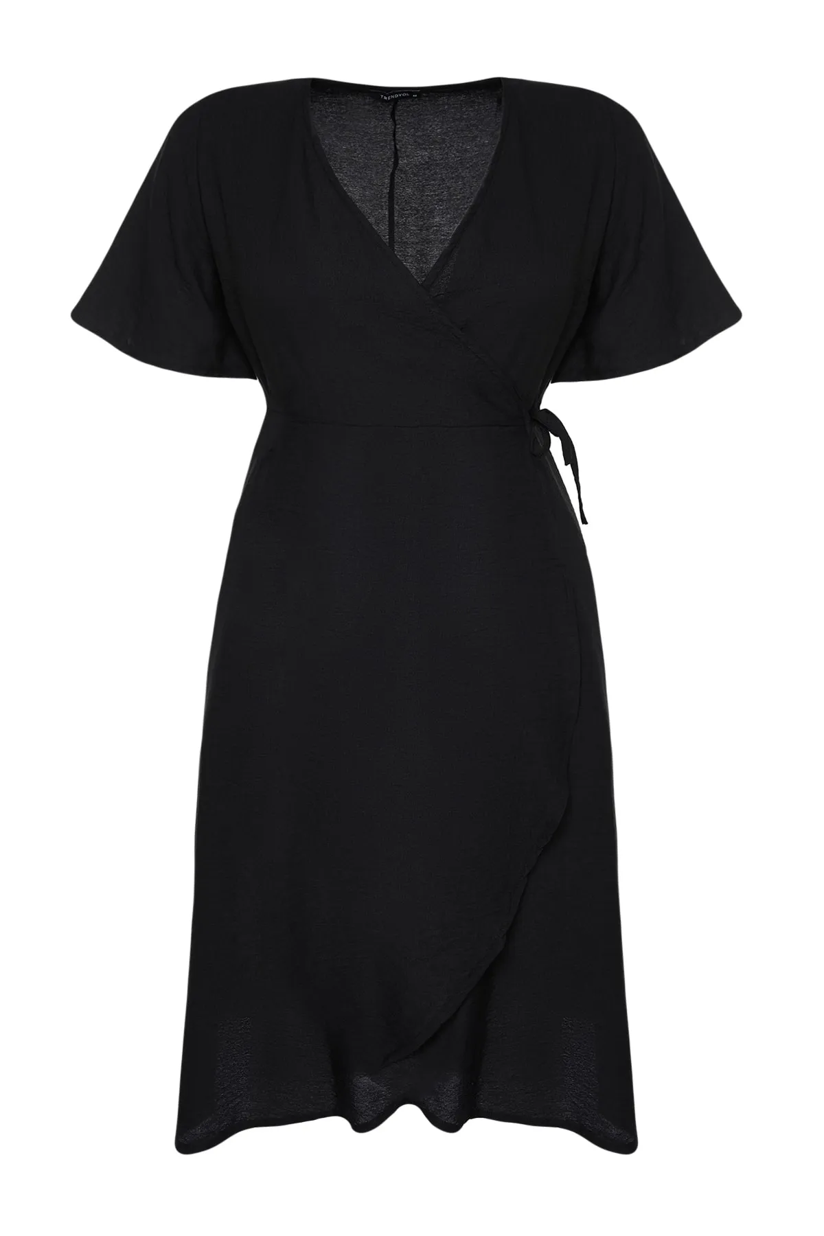 Trendyol Curve  Schwarzes, schlichtes, gewebtes Midi-Wickelkleid in Übergröße TBBSS22EL1564