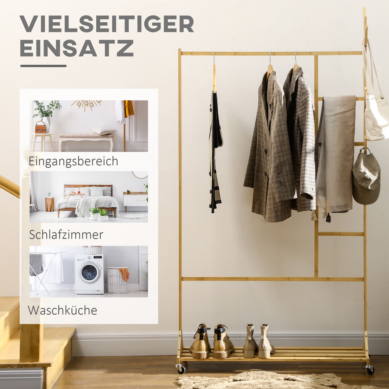 HOMCOM Kleiderständer Garderobenständer mit Kleiderhaken, Hängeschiene, Regal