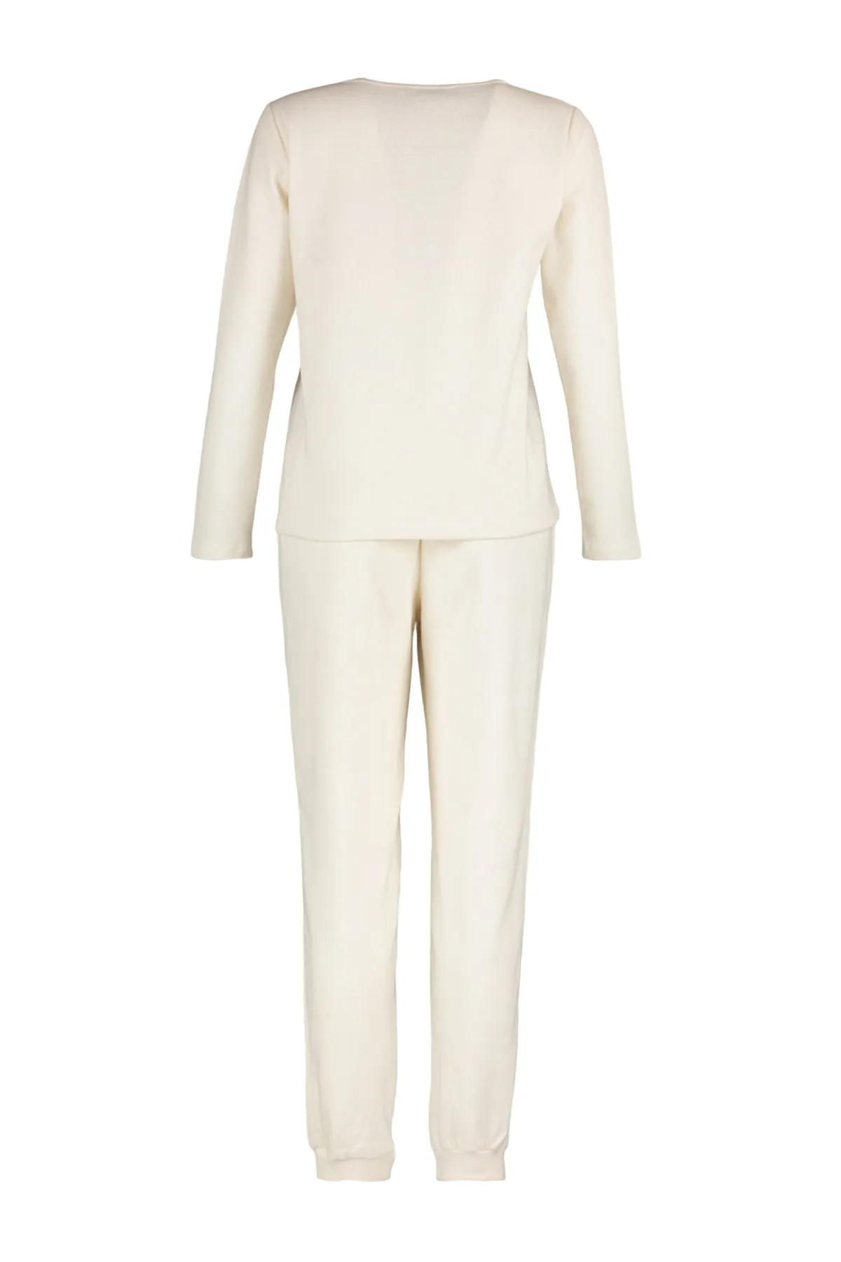 Trendyol Collection  Ecrufarbenes Thessaloniki-Pyjama-Set aus Strick mit Knopfdetail THMAW23PT00020