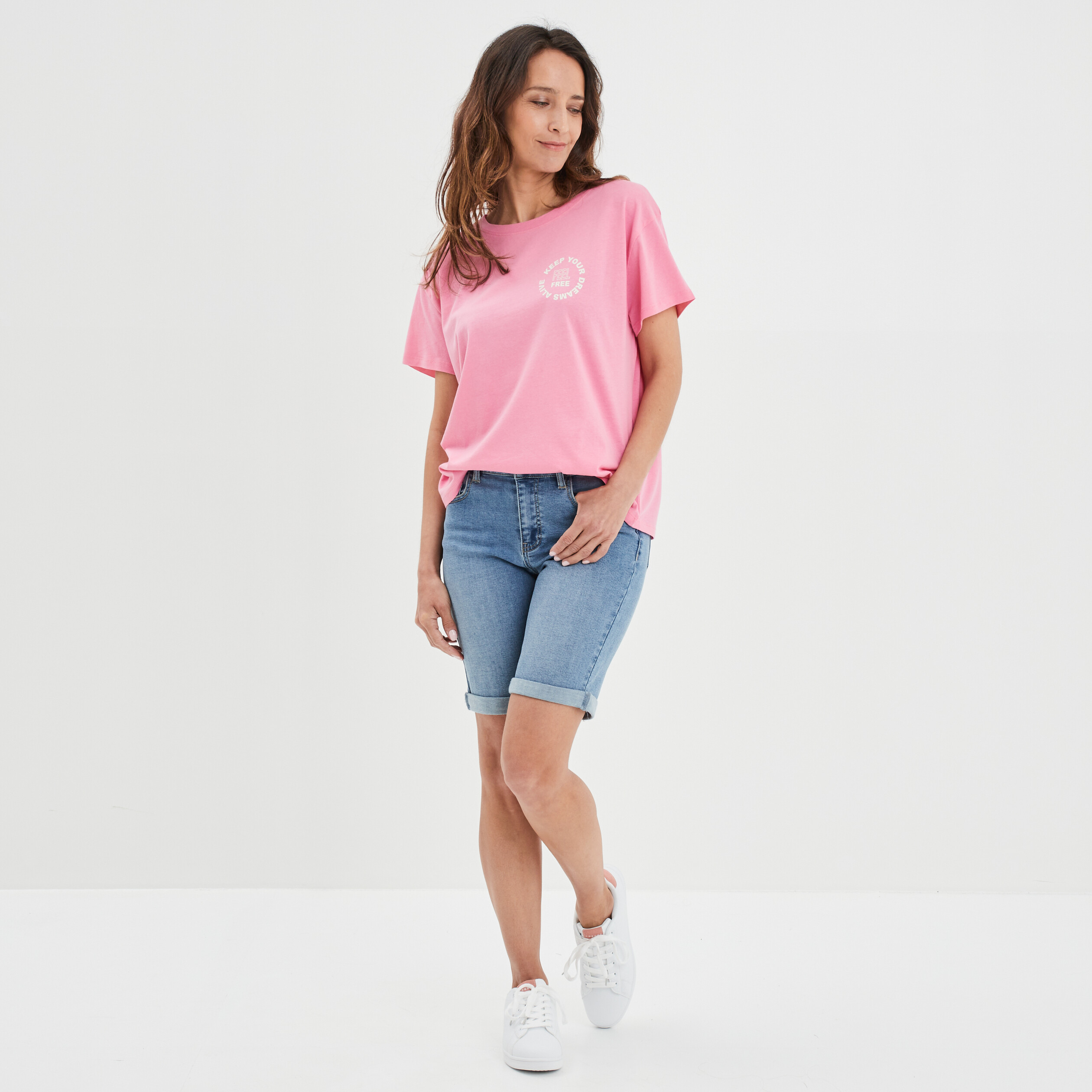 T-shirt col rond manches courtes coton rose femme | La Halle
