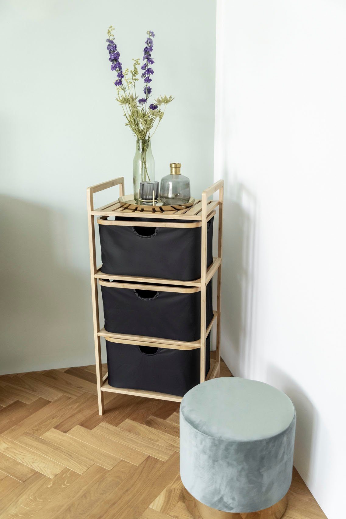WENKO Wäschekorb Ecori, faltbar (Set, 2 St), Textilien 100% recyceltem Polyester,Rahmen FSC®-zertifiziertem Bambus