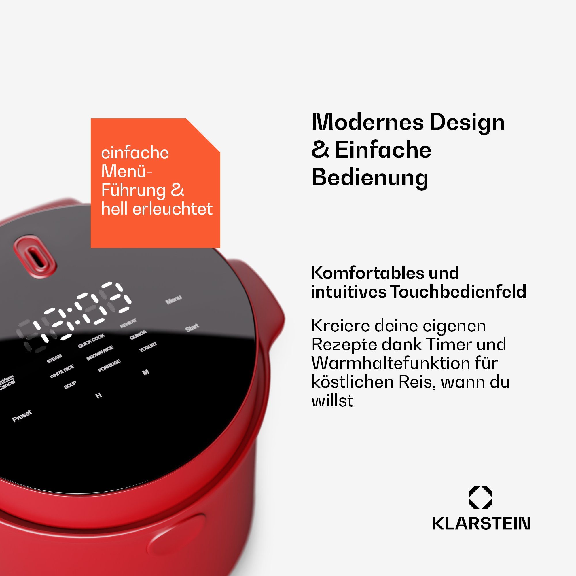 Klarstein Reiskocher Kenbu, 350 W, mit dampfgarer Elektrisch Multifunktions Kocher Rot