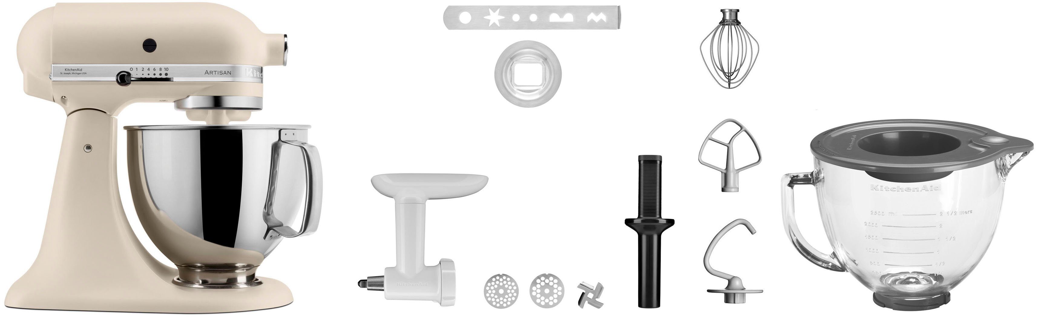 KitchenAid Küchenmaschine 5KSM125EFL FRESH LINEN, 300 W, 4,8 l Schüssel, Gratis Fleischwolf, Schüssel, Spritzgebäckvorsatz (Wert ca. 238,-UVP)