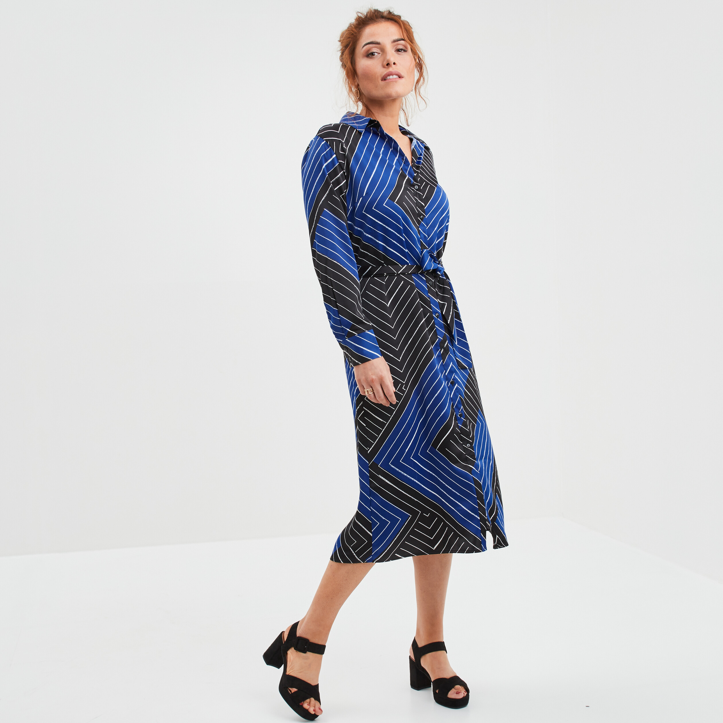 Robe chemise satin midi Mosquitos noir femme | La Halle