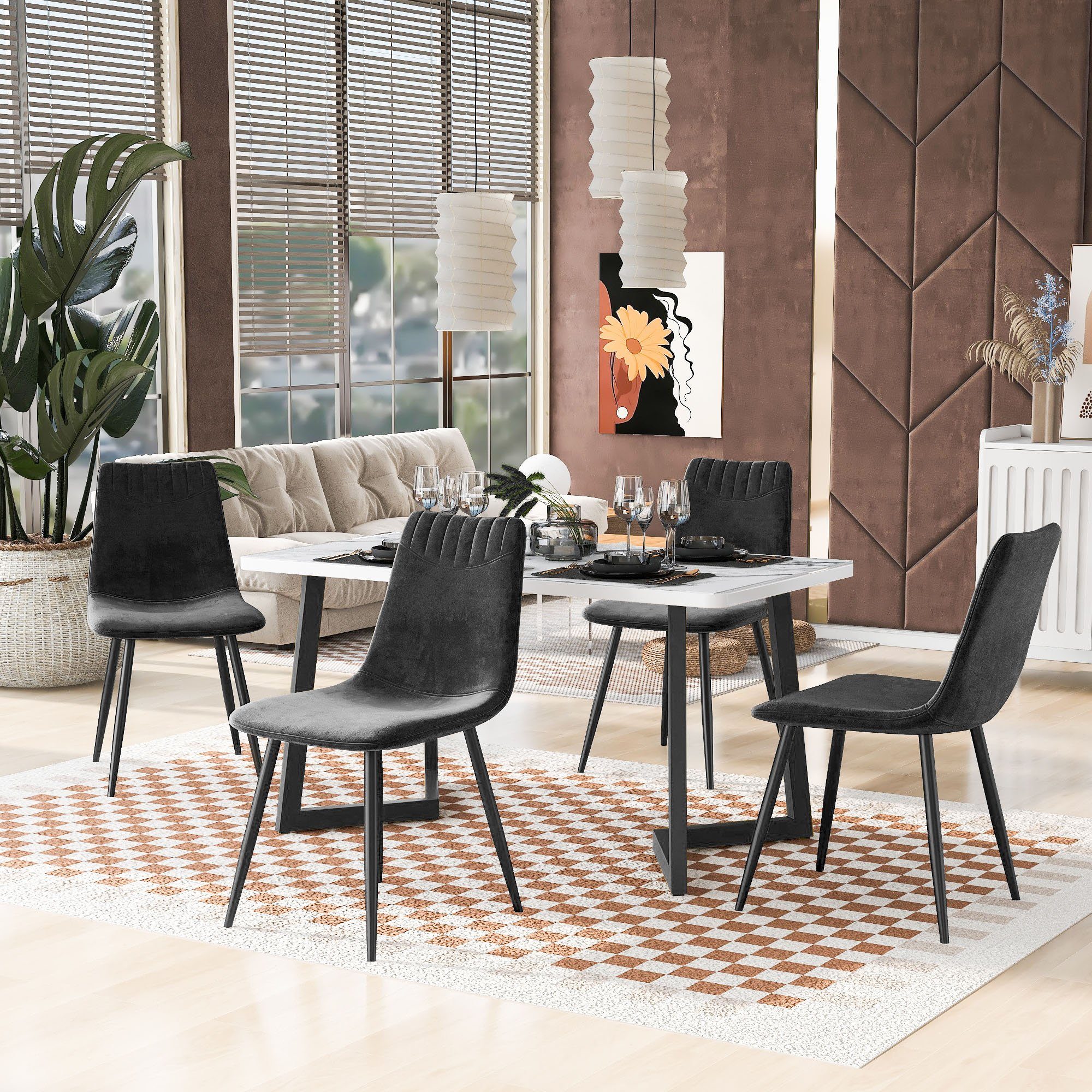 REDOM Essgruppe Esstisch mit 4 Stühlen Set, (Modernes Tisch- und Stuhlset, Marmor gemusterter Esstisch, 5-tlg., Klassische und elegante Stühle), Esstisch mit 4 Stühlen Set Küchen Tisch Esszimmerstuhl
