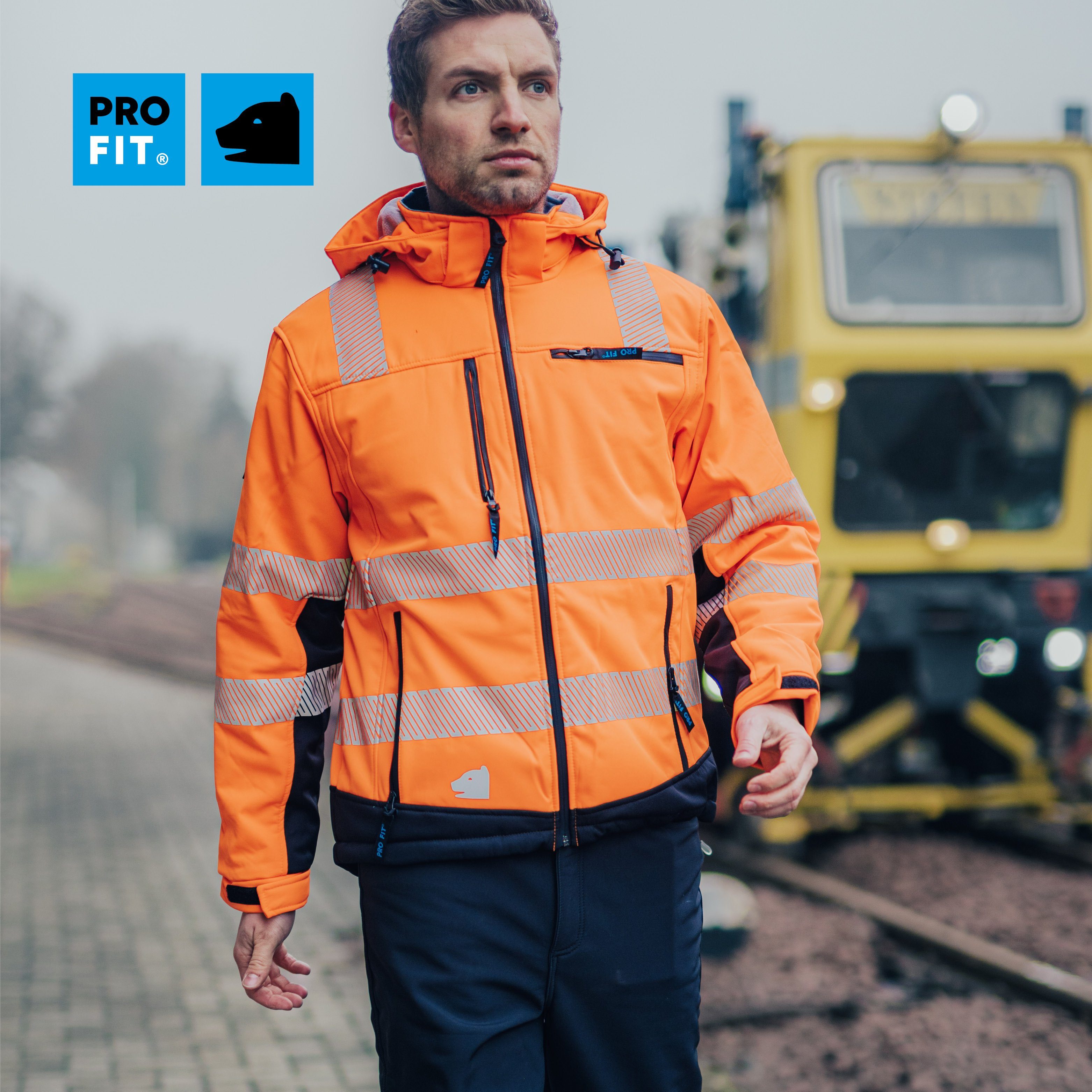 PRO FIT by Fitzner Arbeitsjacke Winter Warnschutz-Softshelljacke Neonorange/Schwarz (1, Stück) Wind- & Wasserabweisend, Reflektionsstreifen, Steppfutter, Atmungsaktiv