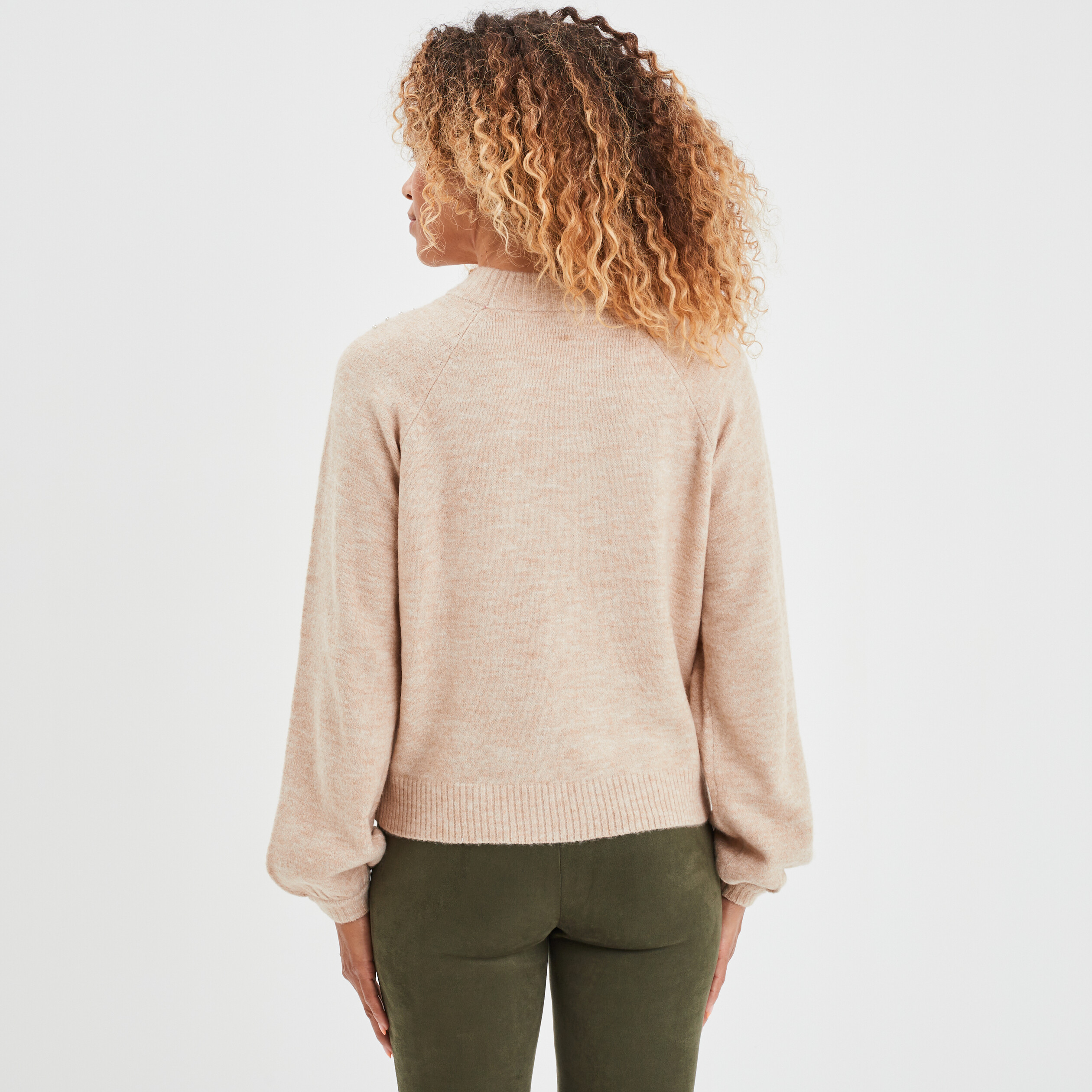 Pull avec perles et manches ballons beige femme | La Halle