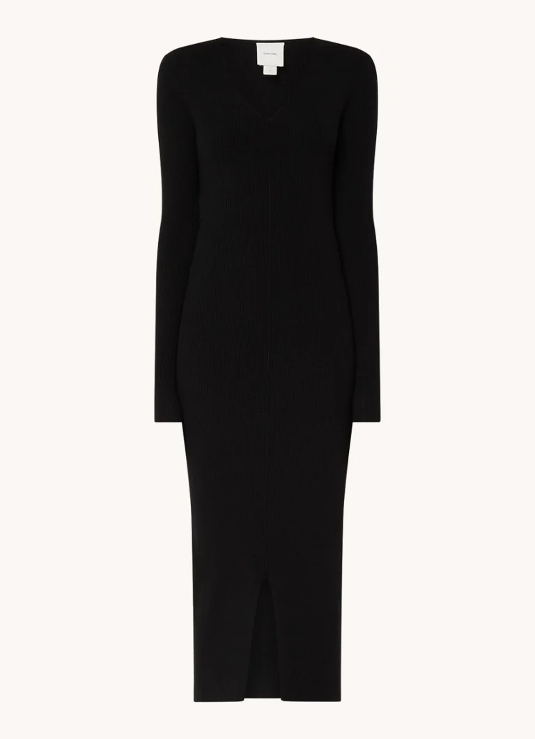 Abito midi a coste in maglia di Calvin Klein, misto lana, scollo a V