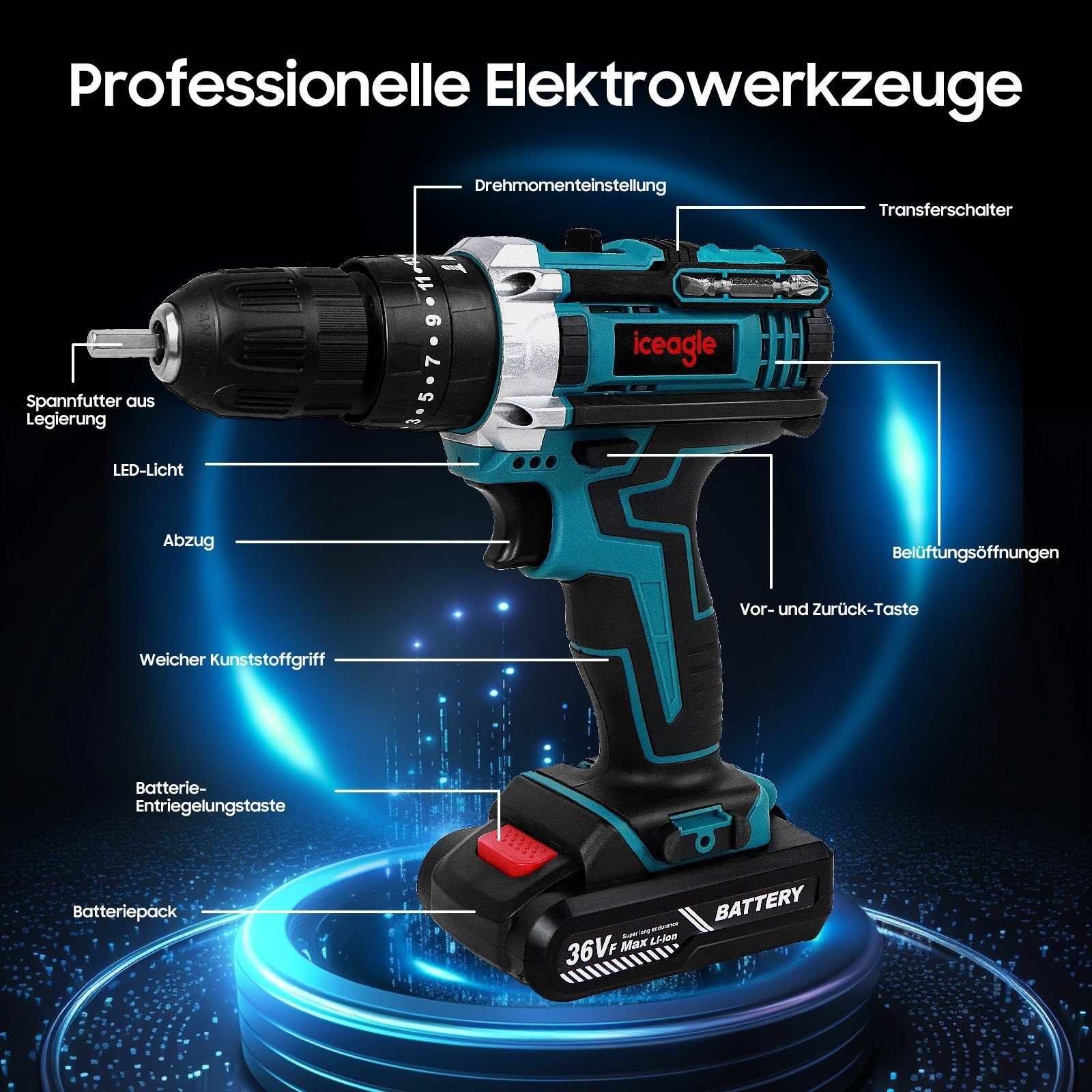 Aoucheni Akku-Bohrschrauber Akku-Schraubendreher Set, 21V Akku-Bohrschrauber mit 2 Akkus, max. 1350,00 U/min, Led Light, mit Akku Ladegerät und Werkzeugkoffer