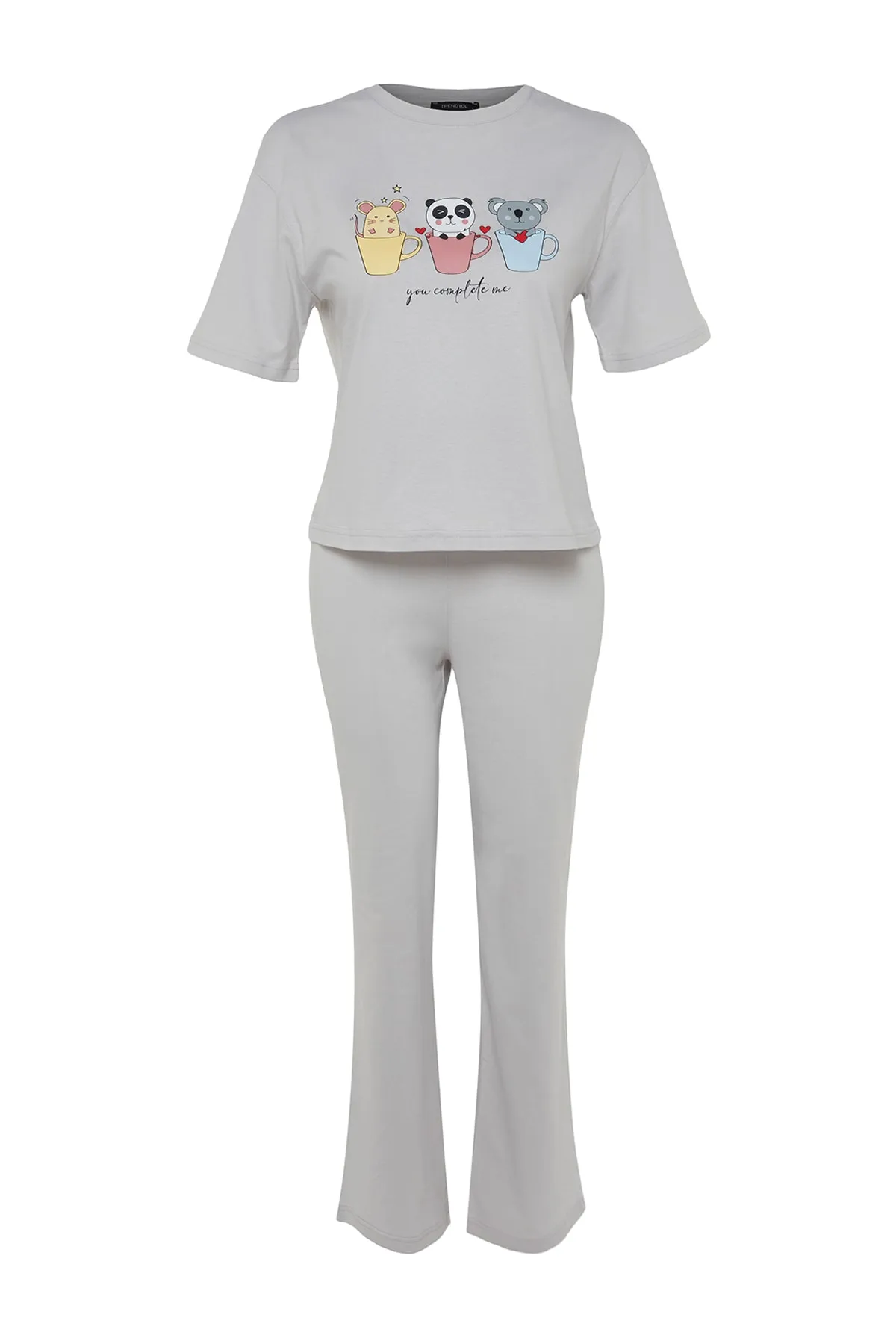 Trendyol Collection  Hellgraues Pyjama-Set aus T-Shirt und Hose mit lustigem Aufdruck, 100 % Baumwolle, THMSS23PT00134