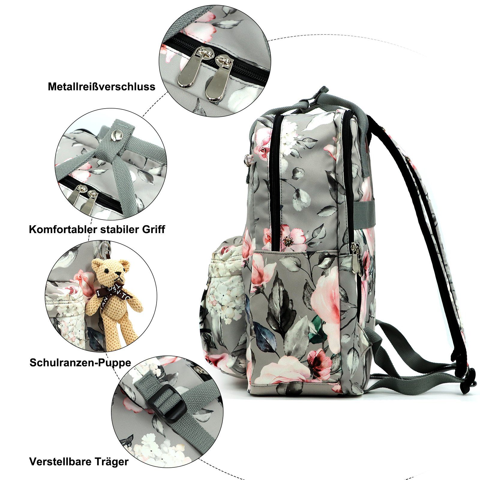 TAN.TOMI Schulrucksack Schulrucksäcke Damen Herren Tagesrucksack mit laptopfach, wasserdichte Mitgeliefert wird ein kleiner Teddybär-Anhänger