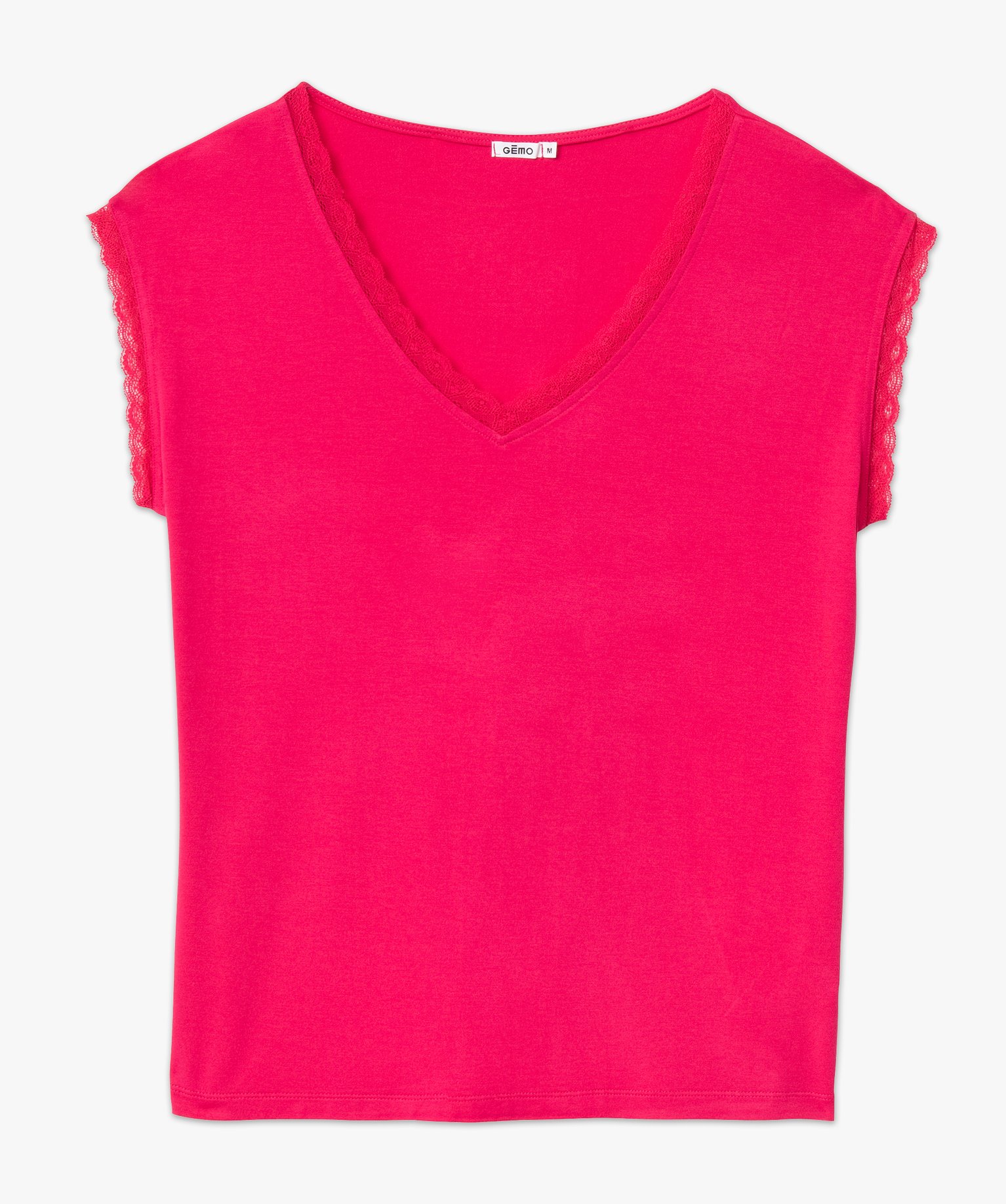Tee-shirt femme à manches courtes avec col V en dentelle rose | GEMO