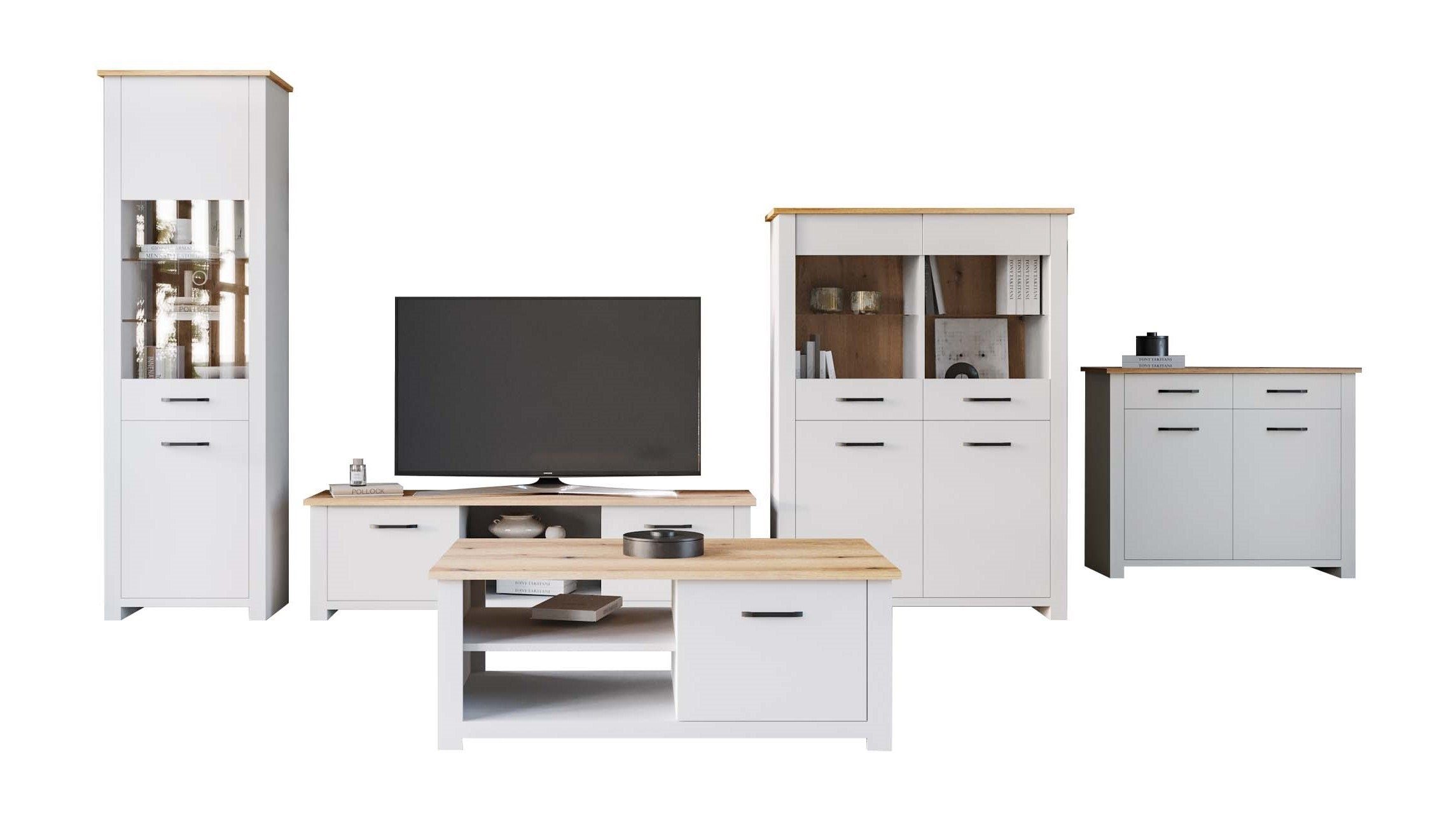 HYPE Rooms Wohnwand Wohnwand Wohnzimmer Sienna 5-teilig, TV-Bank, Vitrinenschrank, Vitrinenschrank schmal, Kommode, Couchtisch