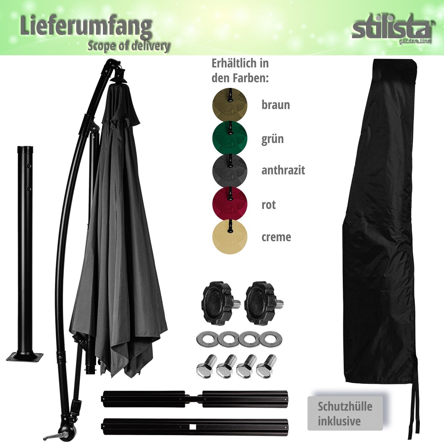 STILISTA Ampelschirm Sonnenschirm Gartenschirm Sonnenschutz Marktschirm, Ø 280 cm, UV 40+, Farbwahl, inklusive Abdeckung