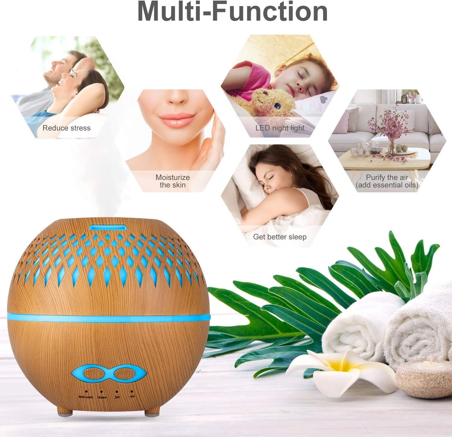 RYSH Luftbefeuchter Aroma-Diffuser, 400ml, Ultraschall-Raumbefeuchter, Dekoration, Luftbefeuchter für ätherische Öle mit 7-Farben-LED, Aromatherapiegerät