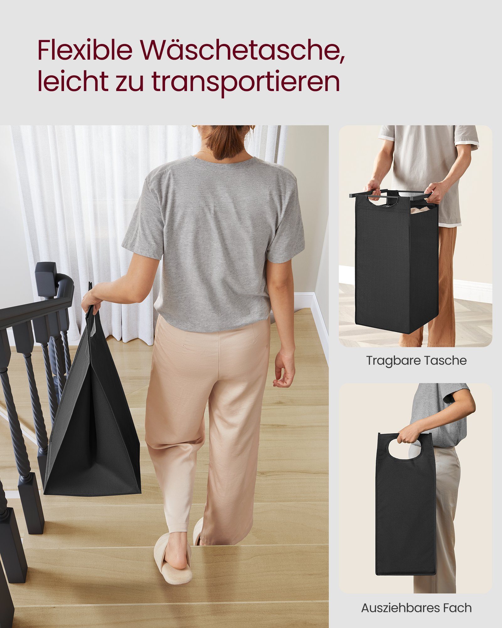 VASAGLE Wäschekorb, 3 Fächer, mit Ablage, ausziehbar und abnehmbar, 3 x 38 L