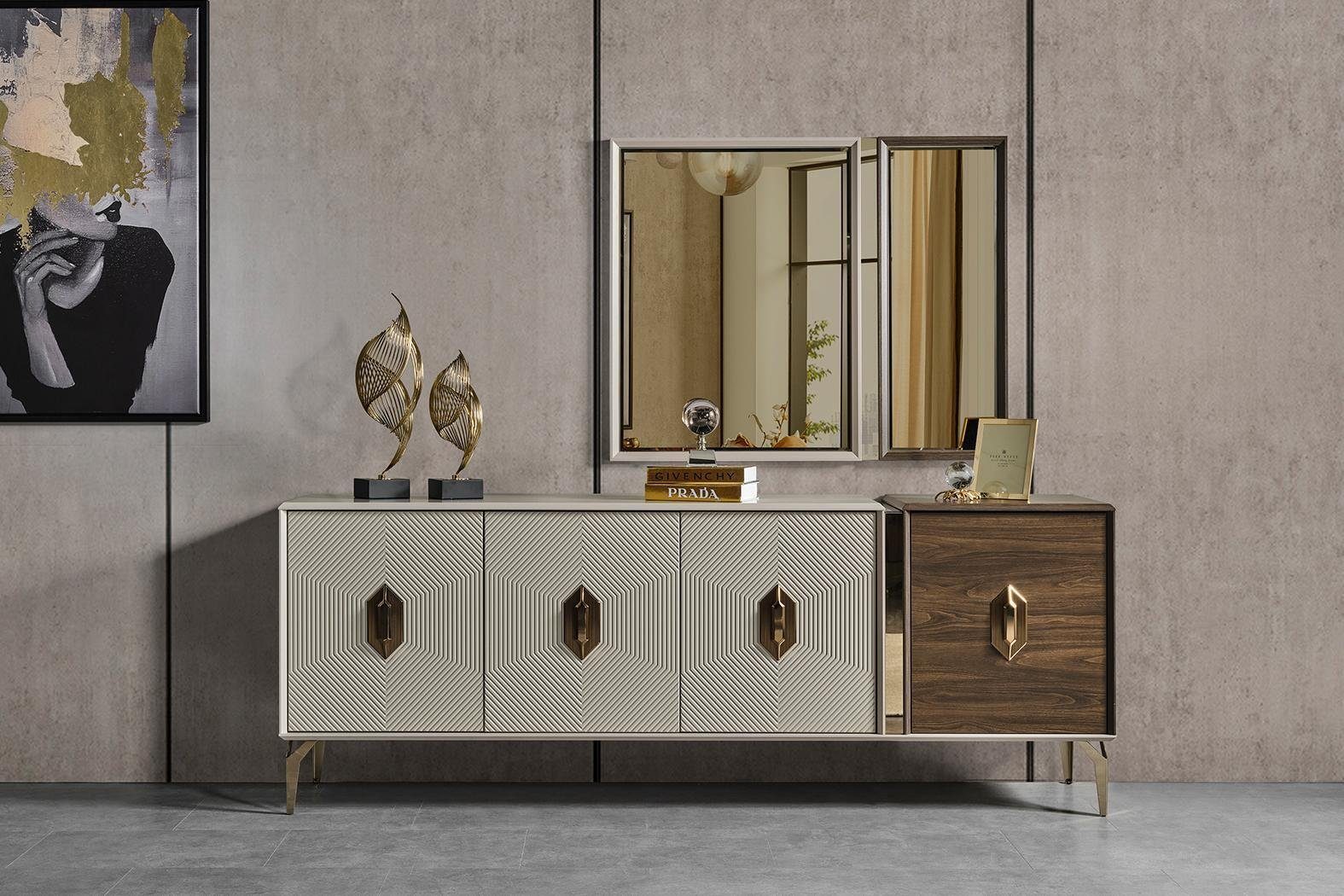 JVmoebel Esszimmer-Set Luxuriöses Esszimmer Set Stilvoler Esstisch 6x Stühle Sideboard, (9-St., Esstisch, 6x Stühle, Sideboard, Spiegel), Made in Europa