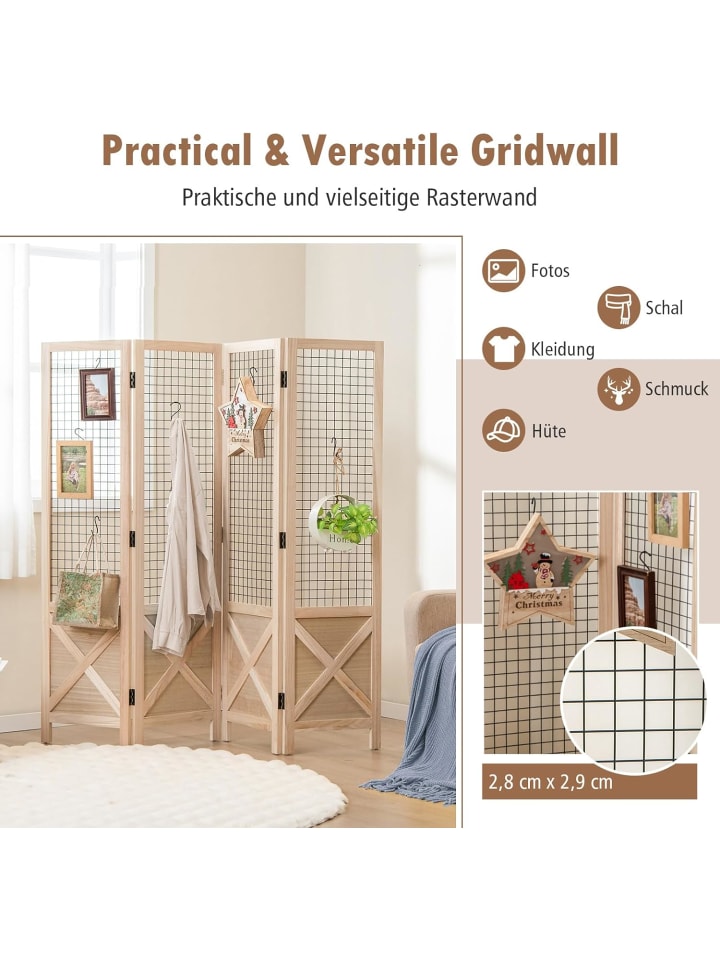 COSTWAY Paravent 144cm 4 tlg. Trennwand in Hellbraun günstig kaufen onesize