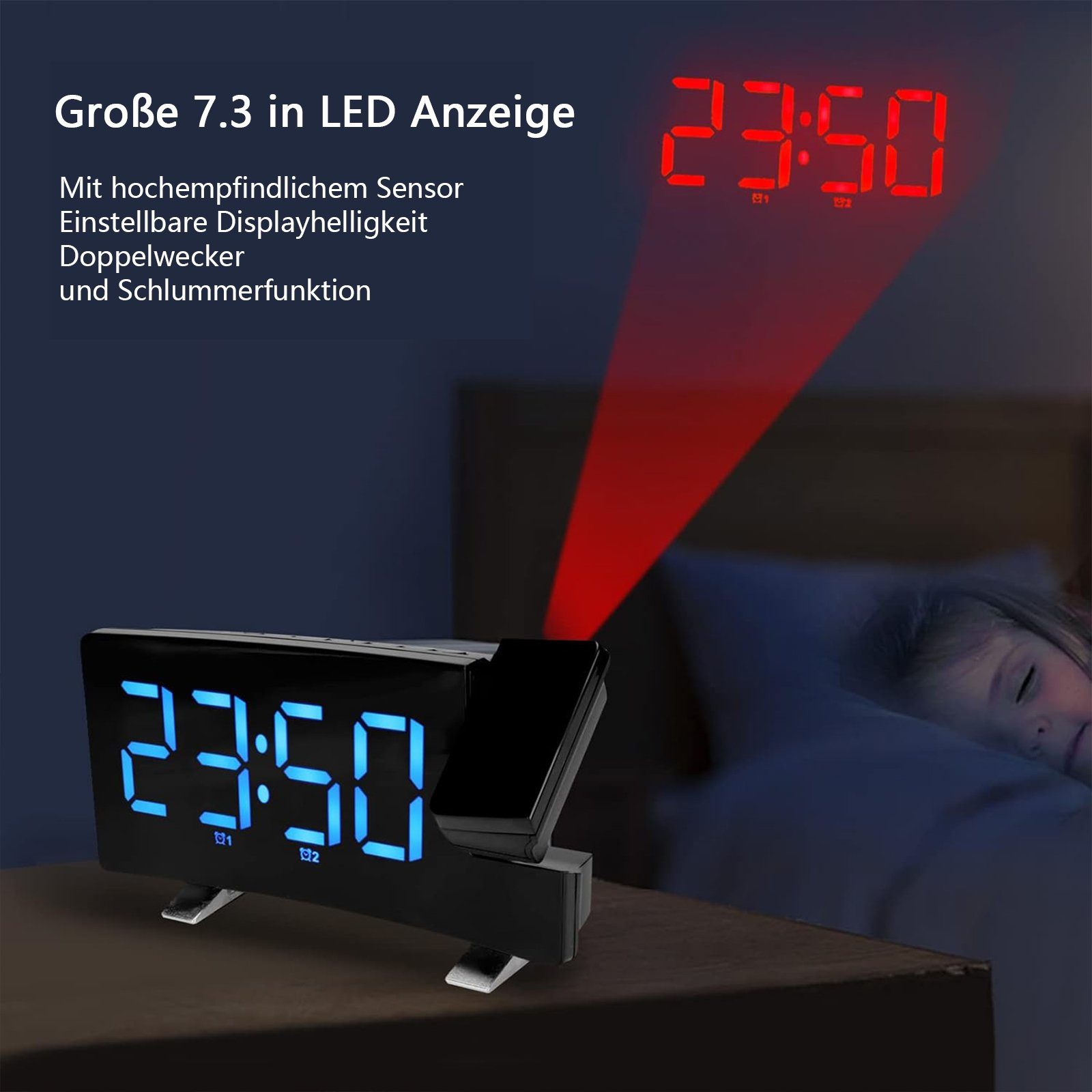 REDOM Projektionswecker Digital Wecker Radiowecker Digitalwecker Projektion LED Alarm Radio ohne Akku Projektion 180 ° LED-Alarm Temperatur 12/24H USB-Anschluss