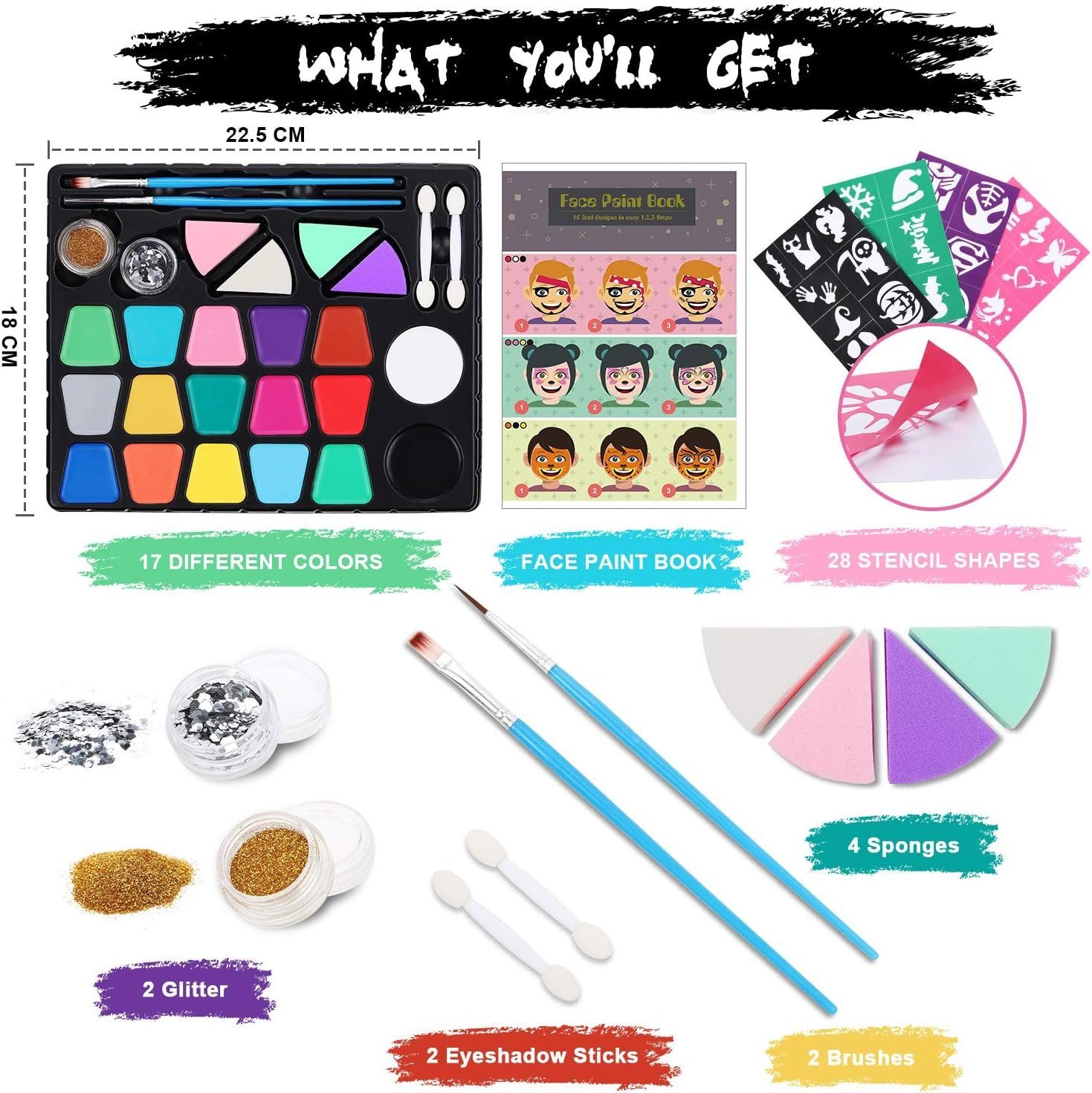 LENBEST Schmink-Set Schminke Kinder 17 Farben Glitzer Pinsel Make Up Schwamm Schablonen, Kinderschminke Set, Halloween Fasching Karneval Schminke Kinder, Faschingsschminke Theaterschminke Karnevalsschminke