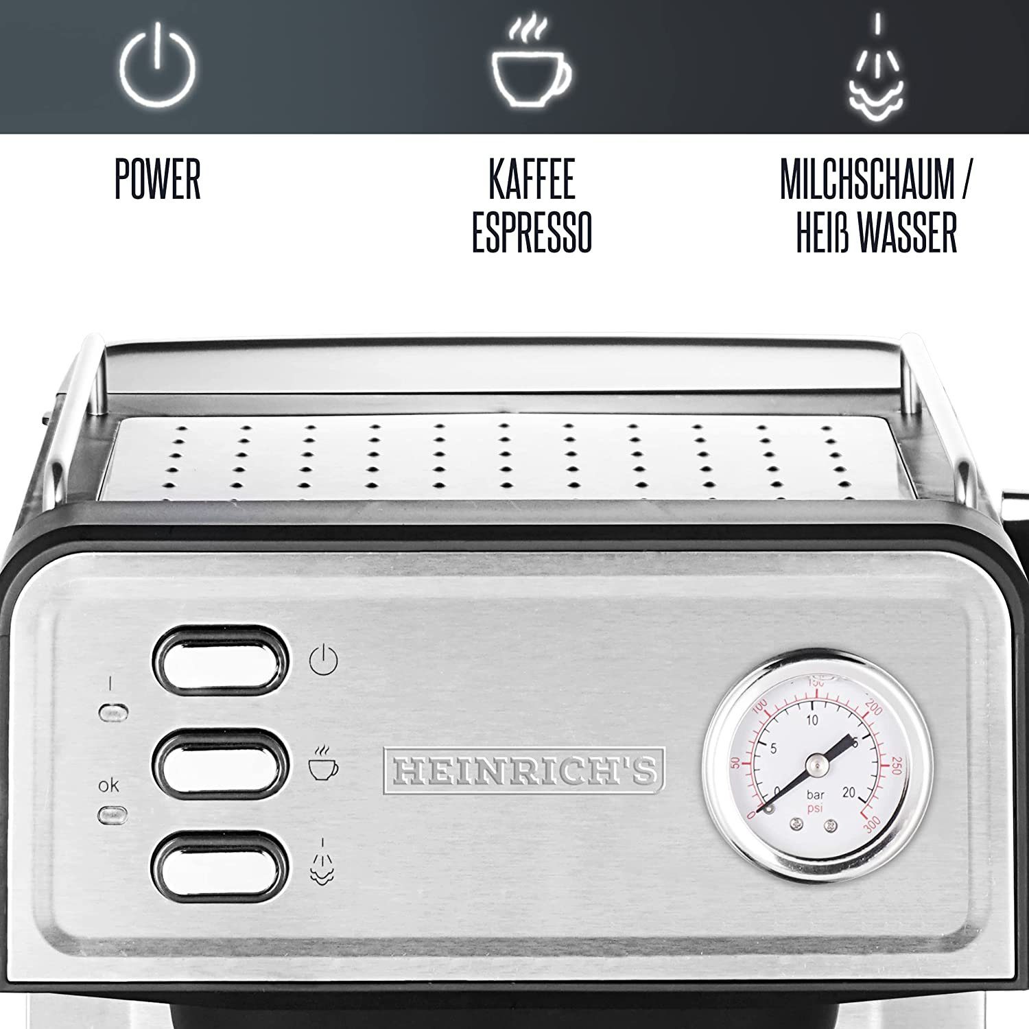 Heinrich´s Espressomaschine HES 8688, Edelstahlfilter, 20Bar Ulka Pumpe, Milchaufschäumer mit Barista Zubehör 1,6L