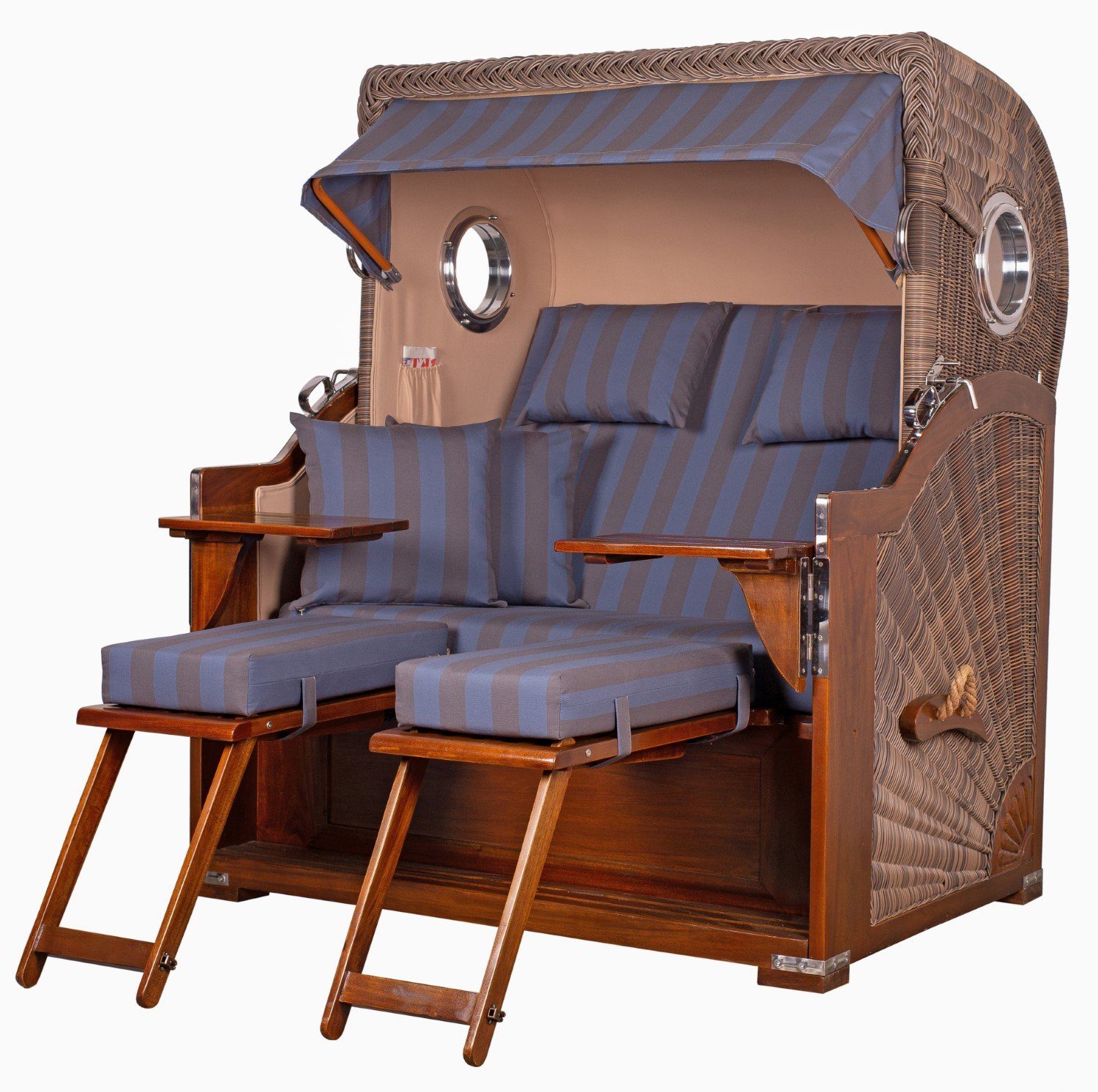 bene living Strandkorb Königssee 2,5-Sitzer Mahagoni, PE grau, Modell 582, BxTxH: 142x95x170 cm, Volllieger ca. 175 Grad, Ostsee-Strandkorb, inkl. Liftersystem und Bullaugen