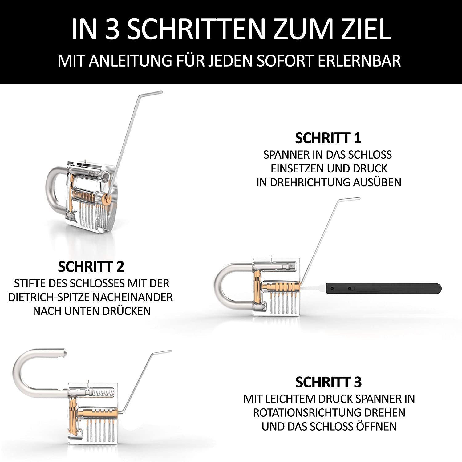 Meistergut Vorhängeschloss Lockpicking Set XXL Profi 24-teilig, 3 Schlösser & Anleitung, (22-tlg., 30 Teiliges Set), Schlüssel entsperren