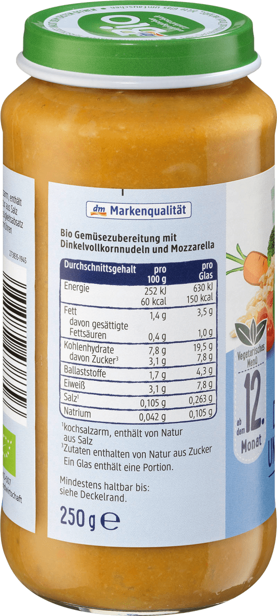 Menü Gemüse mit Dinkelnudeln und Mozzarella ab dem 12. Monat, Demeter, 250 g