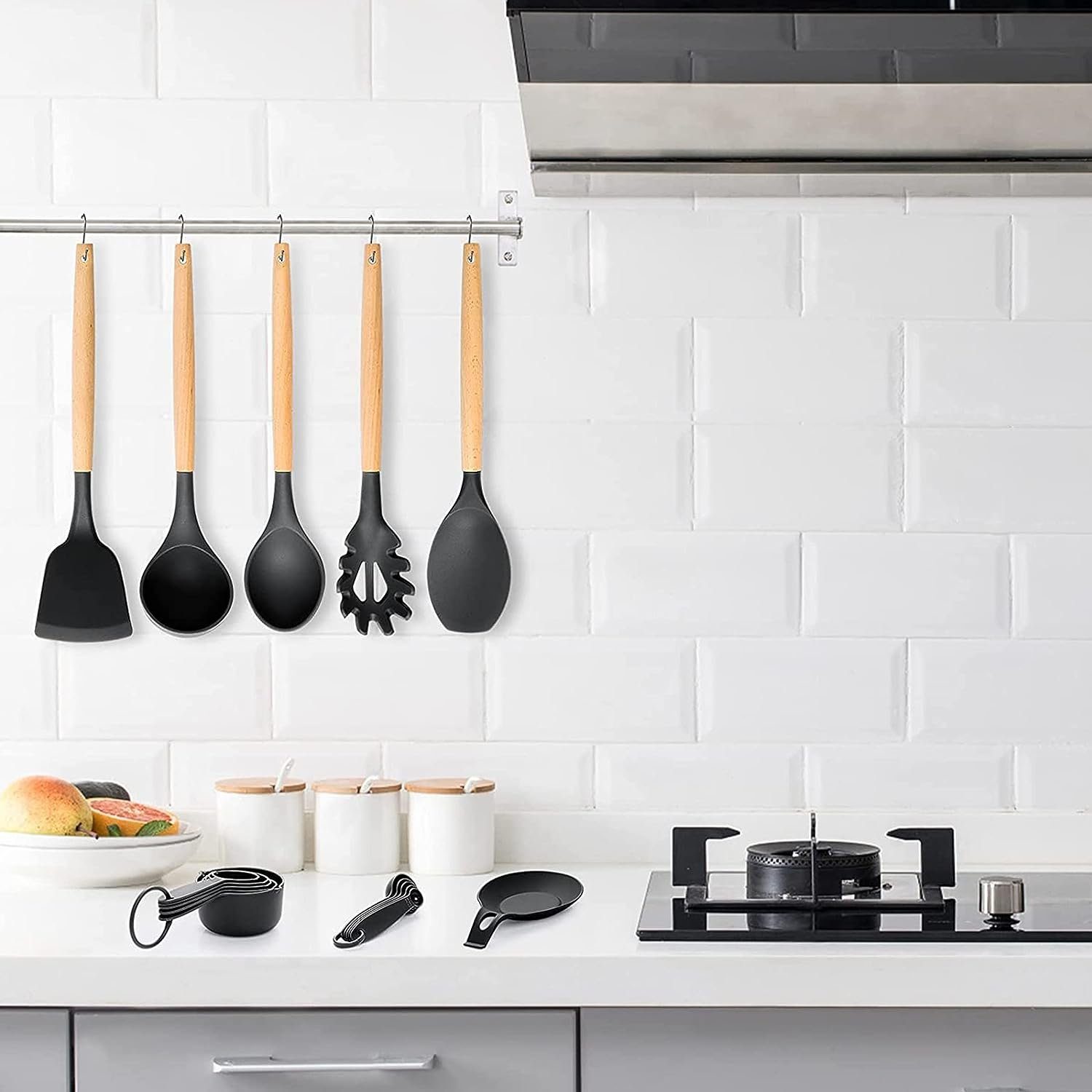 Bedee Kochbesteck-Set Silikon Kochgeschirr Set, Küchengerät 34 Stück (Küchenutensilien, Spachtel-Set mit Halter, Holzgriffen, 34-tlg), Antihaft Kochgeschirr Set mit Behälter