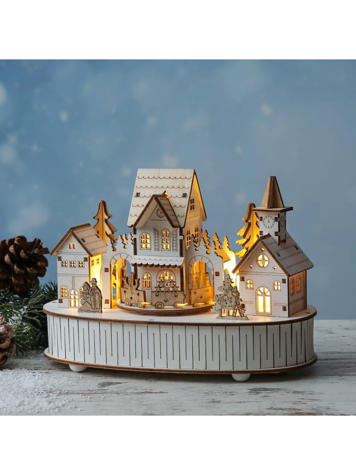 MARELIDA LED Weihnachtsdorf mit Musik und fahrendem Zug H: 15,5cm in natur günstig kaufen onesize