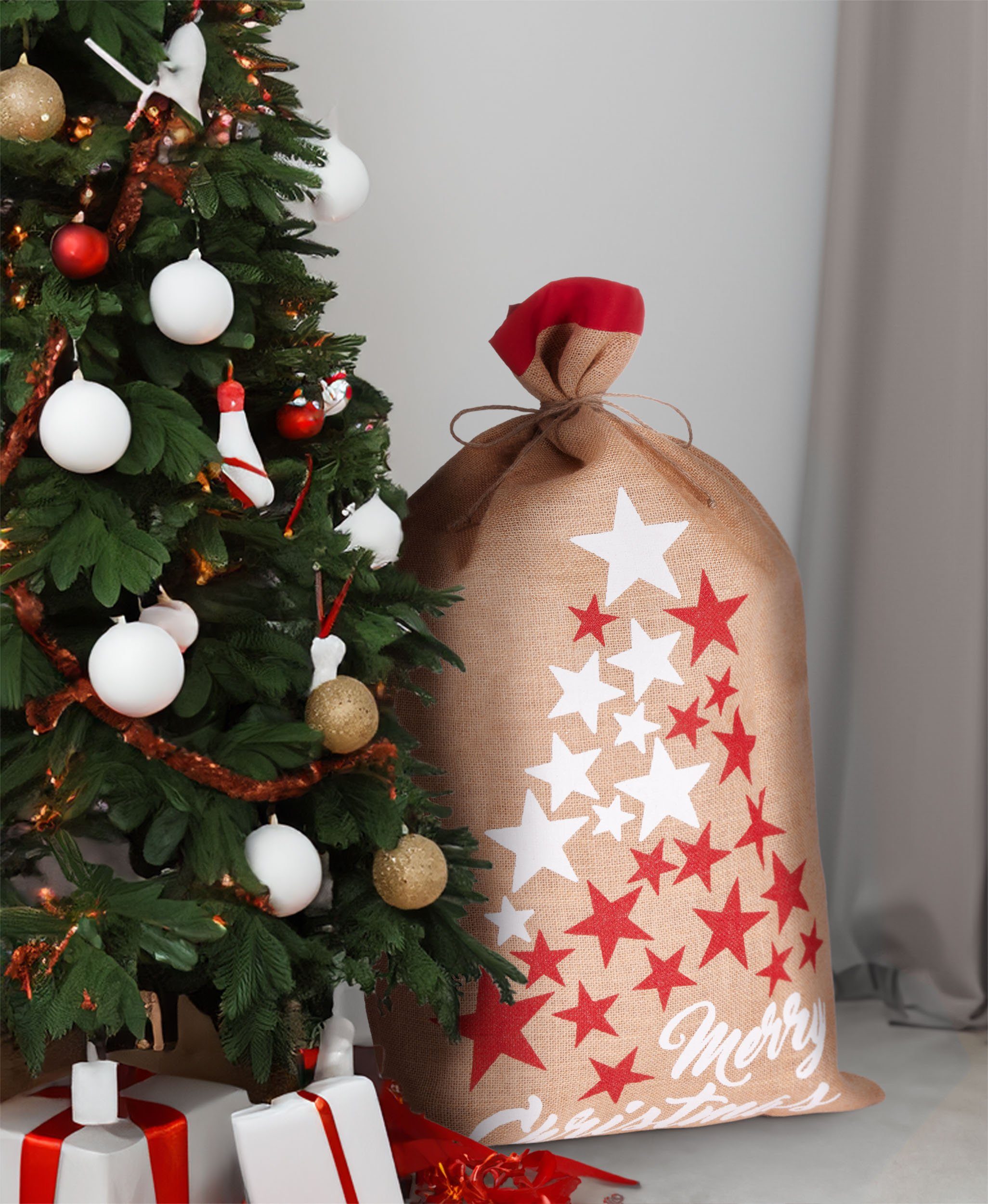 BRUBAKER Aufbewahrungstasche Weihnachtssack Sterne Weiß Rot - Merry Christmas - 80 cm Geschenksack (Weihnachten, 1-tlg., Jutesack), Nikolaussack Jutebeutel Sack mit Kordel zum Verpacken von Geschenken