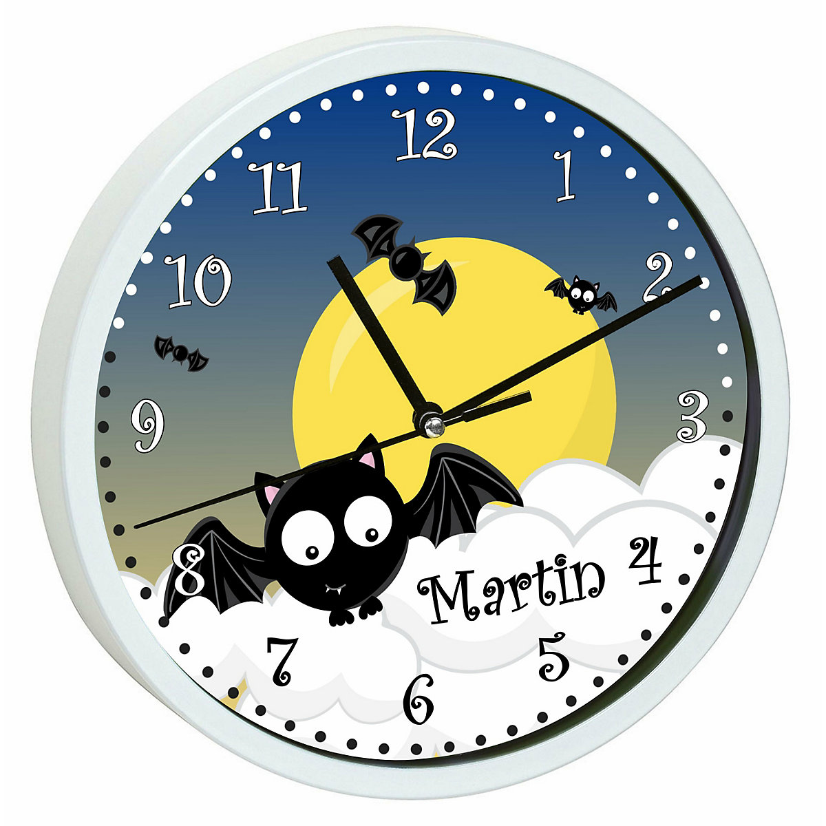 Kinder Wanduhr laufruhig personalisiert mit Name Fledermaus