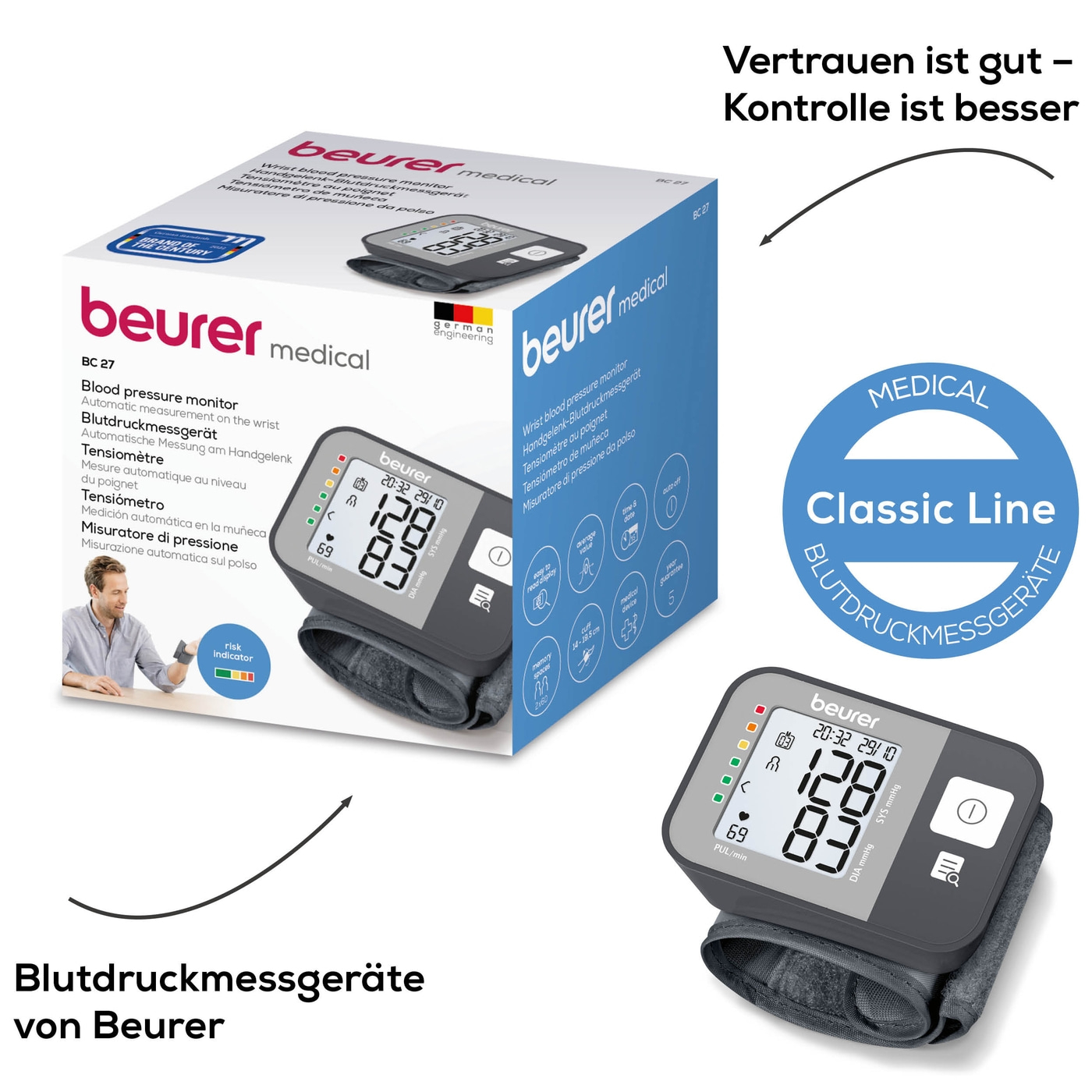 Beurer Handgelenk-Blutdruckmessgerät BC 27-Handgelenk-Blutdruckmessgerät mit Ø-Berechung von 7 Tagen