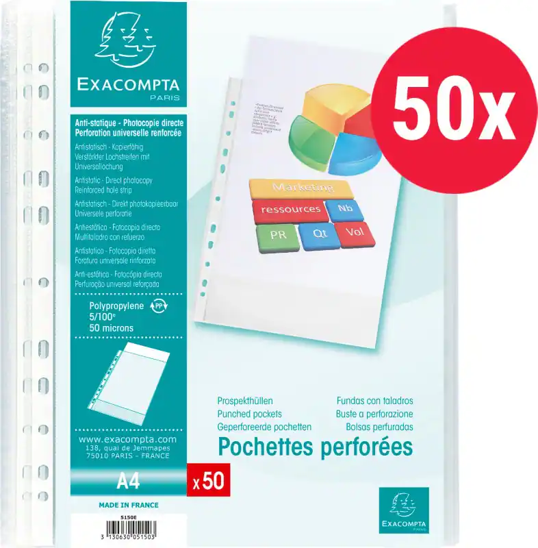 Exacompta Klarsichthülle DIN A4 Genarbt Transparent 50 Mikron PP (Polypropylen) Oben 5150E 50 Stück