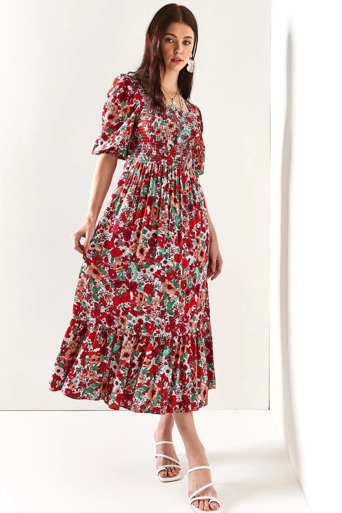 Olalook  Lässiges Kleid aus gewebter Viskose mit glitzerndem Rot-Mintgrün für Damen ELB-19001483