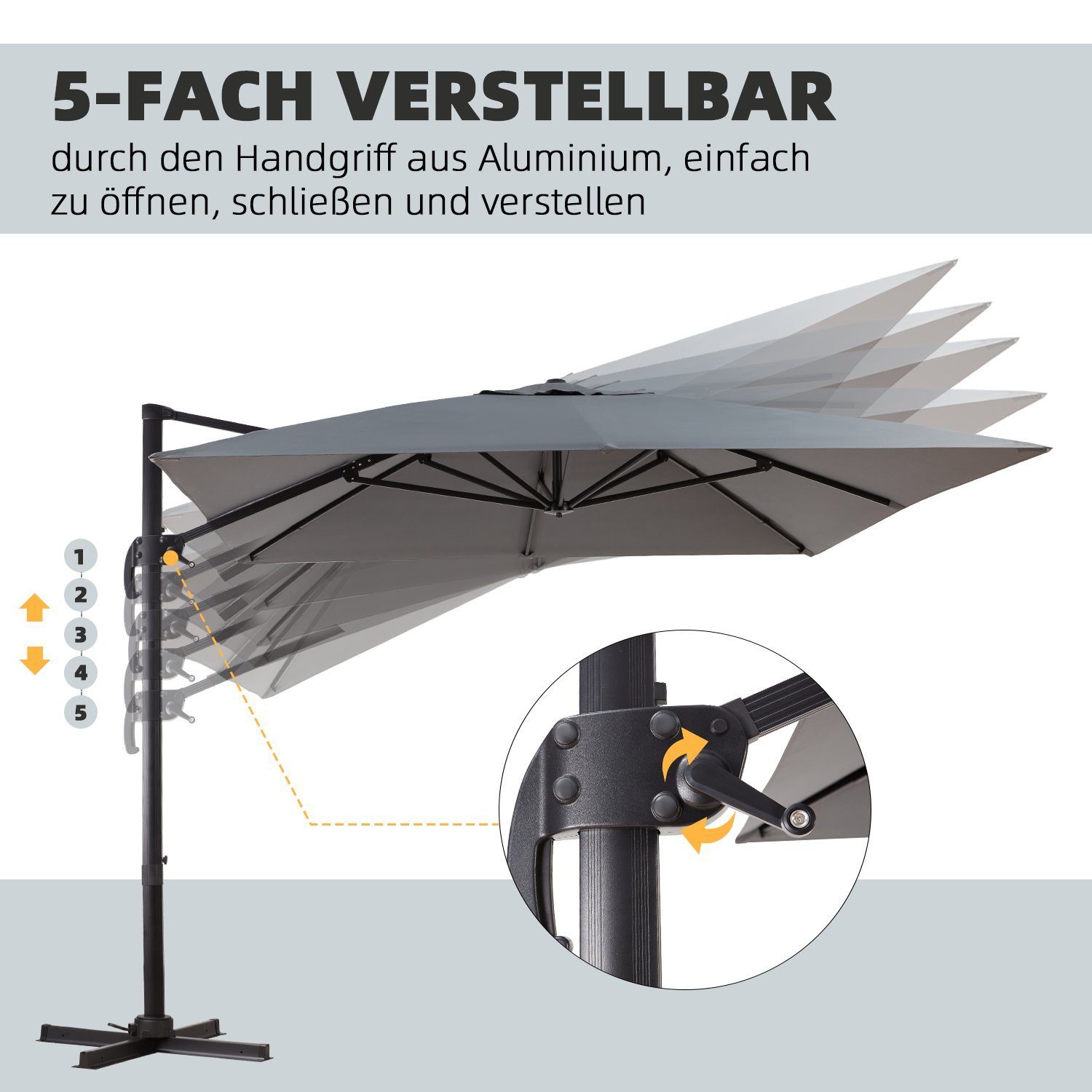 EROMMY Sonnenschirm Rechteckiger Terrassenschirm für Garten und Balkon, LxB: 374,00x285,00 cm, 360° drehbar, 5-fach verstellbar, ohne Schirmständer